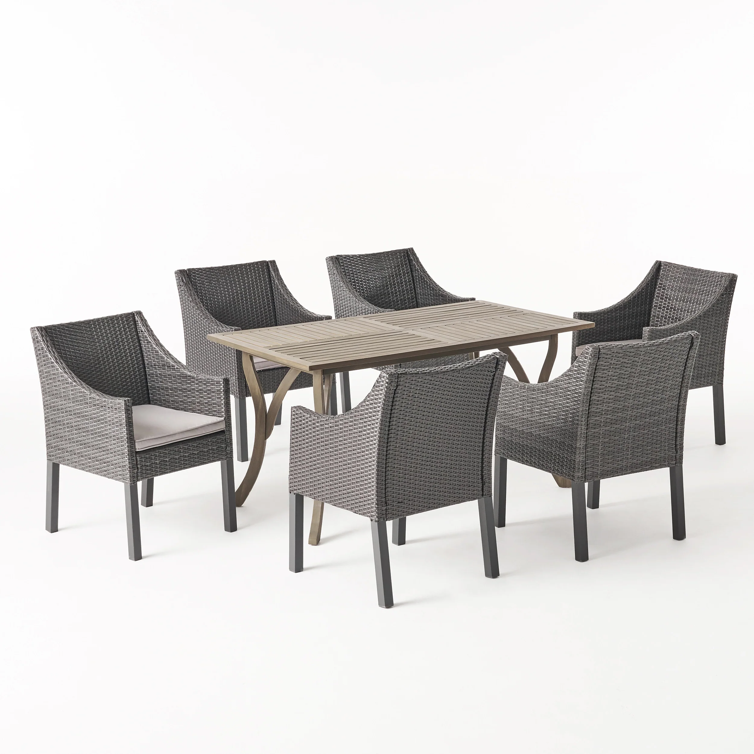 Temorah Outdoor 7 Piece Wood and Wicker Dining Set, Gray and Gray - furnishings