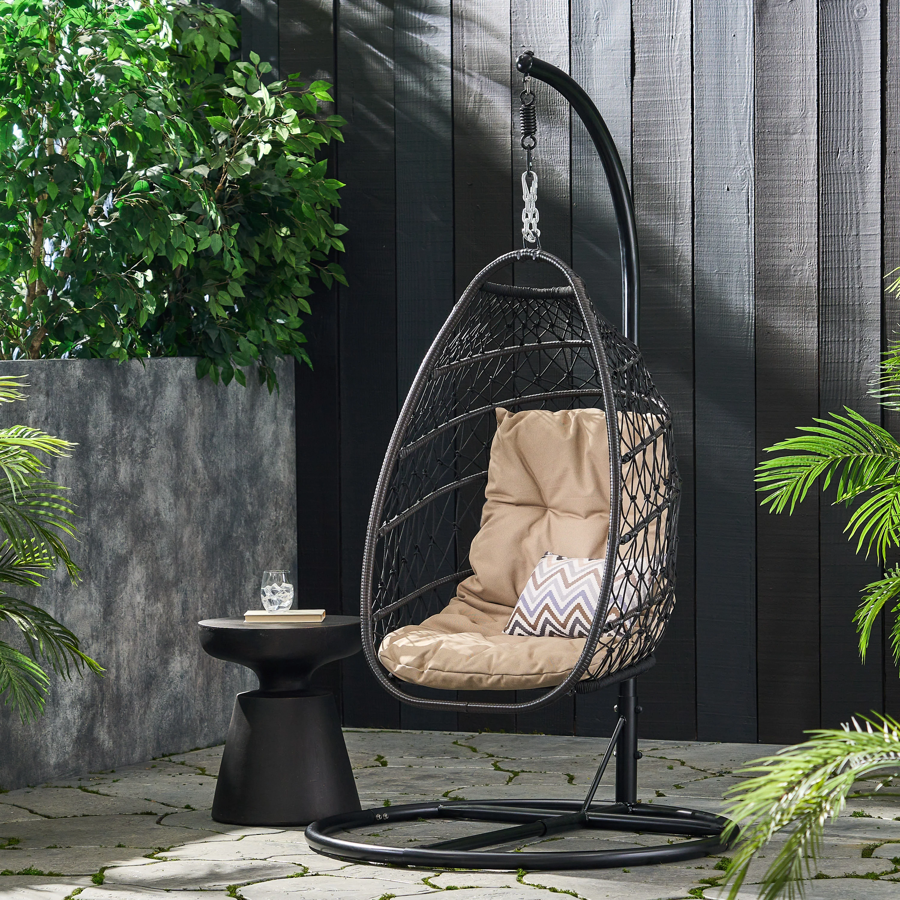 Coloma Outdoor Wicker and Rope Foldable Hanging Chair with Stand - furnishings