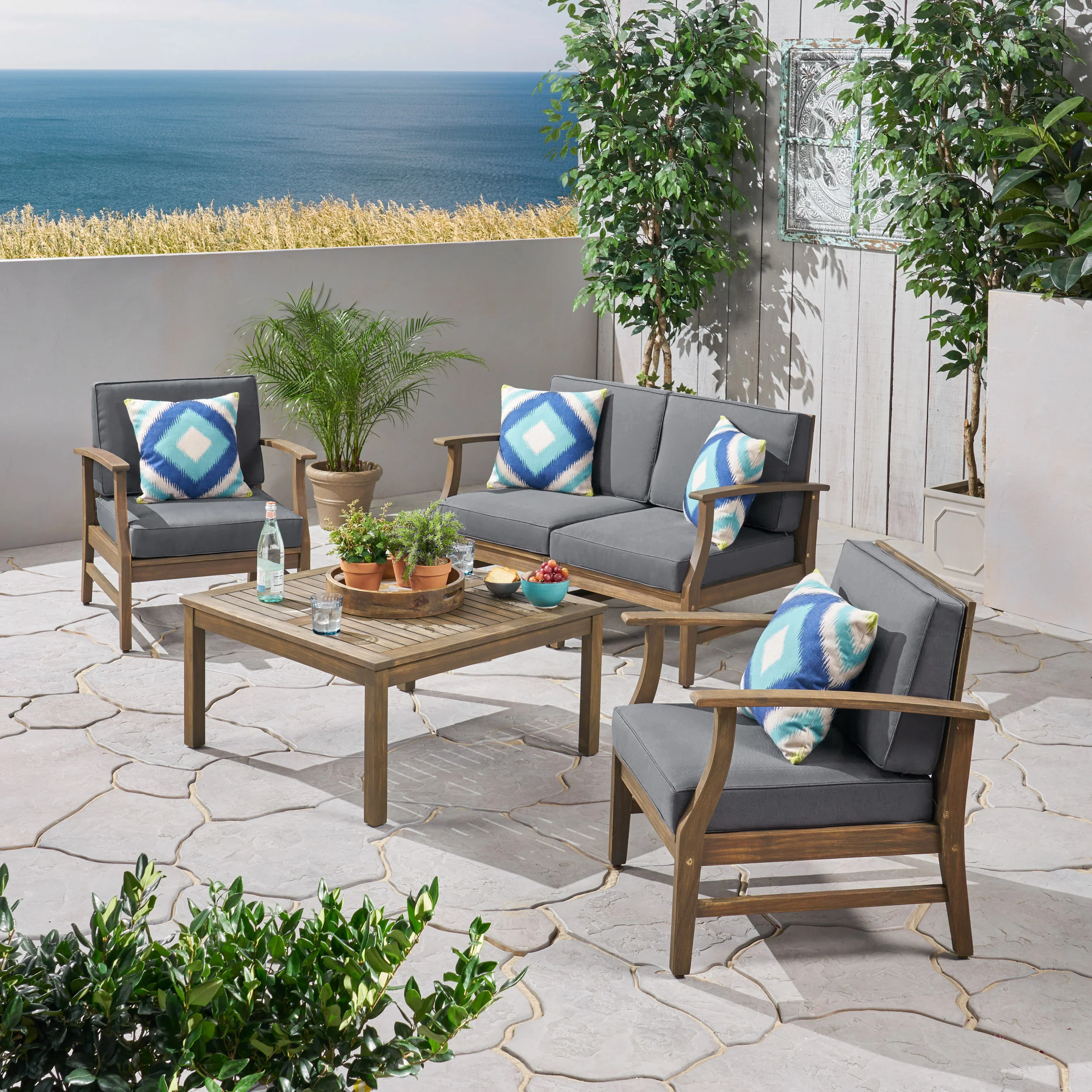 Lorelei Outdoor 5 Piece Acacia Wood Chat Set - furnishings