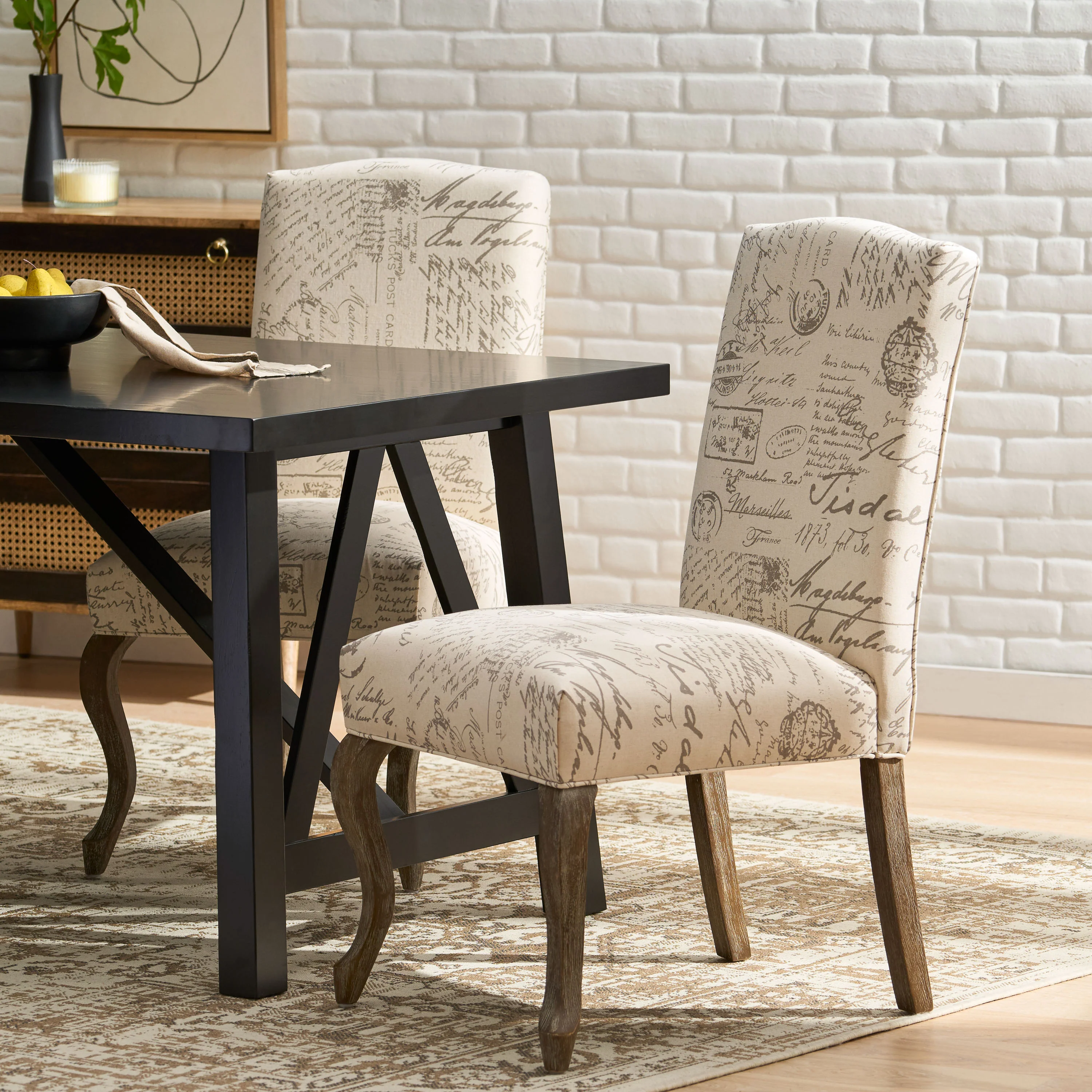 Crown Back French Script Beige Fabric Dining Chairs (Set of 2) - furnishings