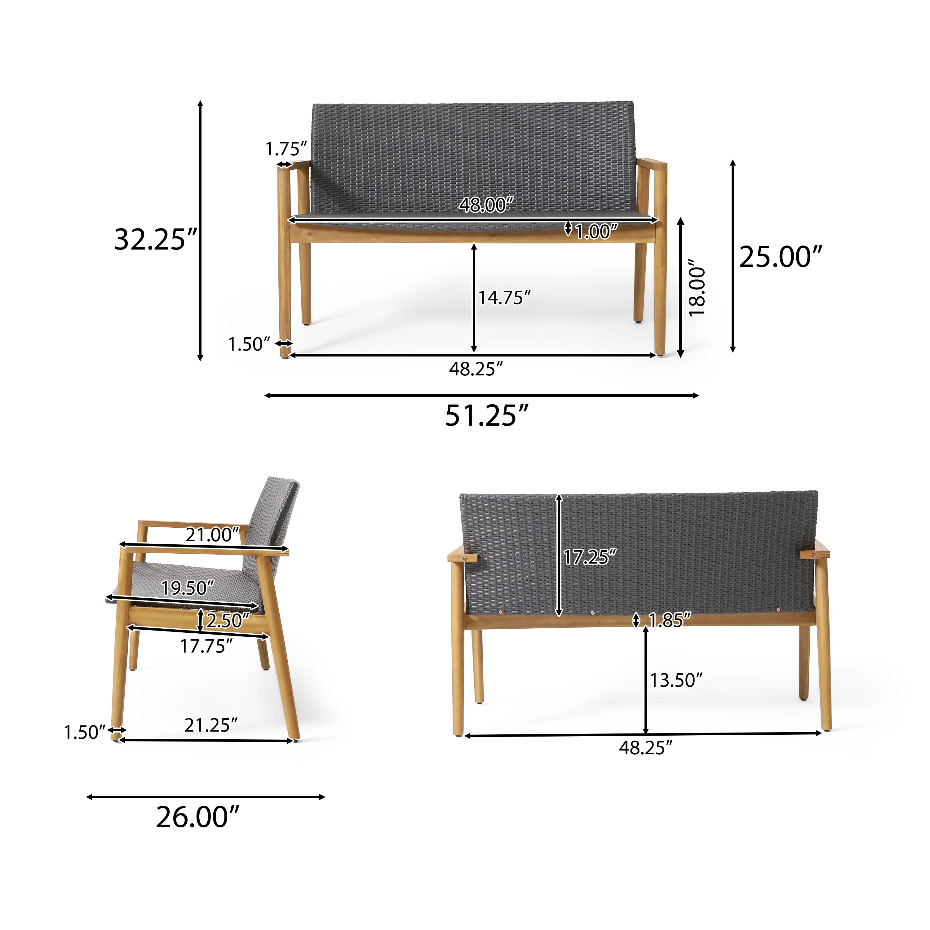 Alamosa Outdoor Wicker and Acacia Wood Loveseat, Gray and Teak - furnishings