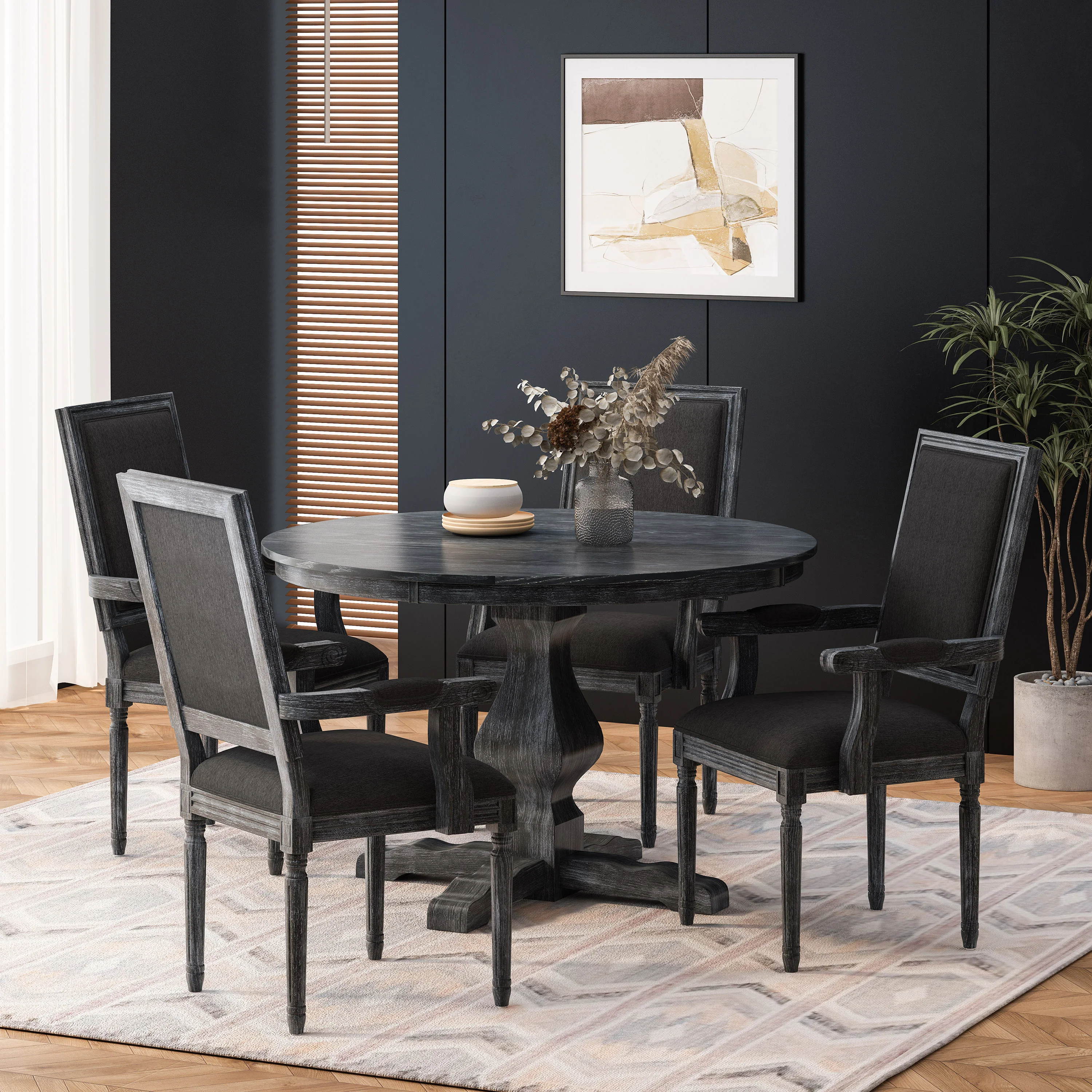 Joretta French Country Fabric Upholstered Wood 5 Piece Circular Dining Set - furnishings