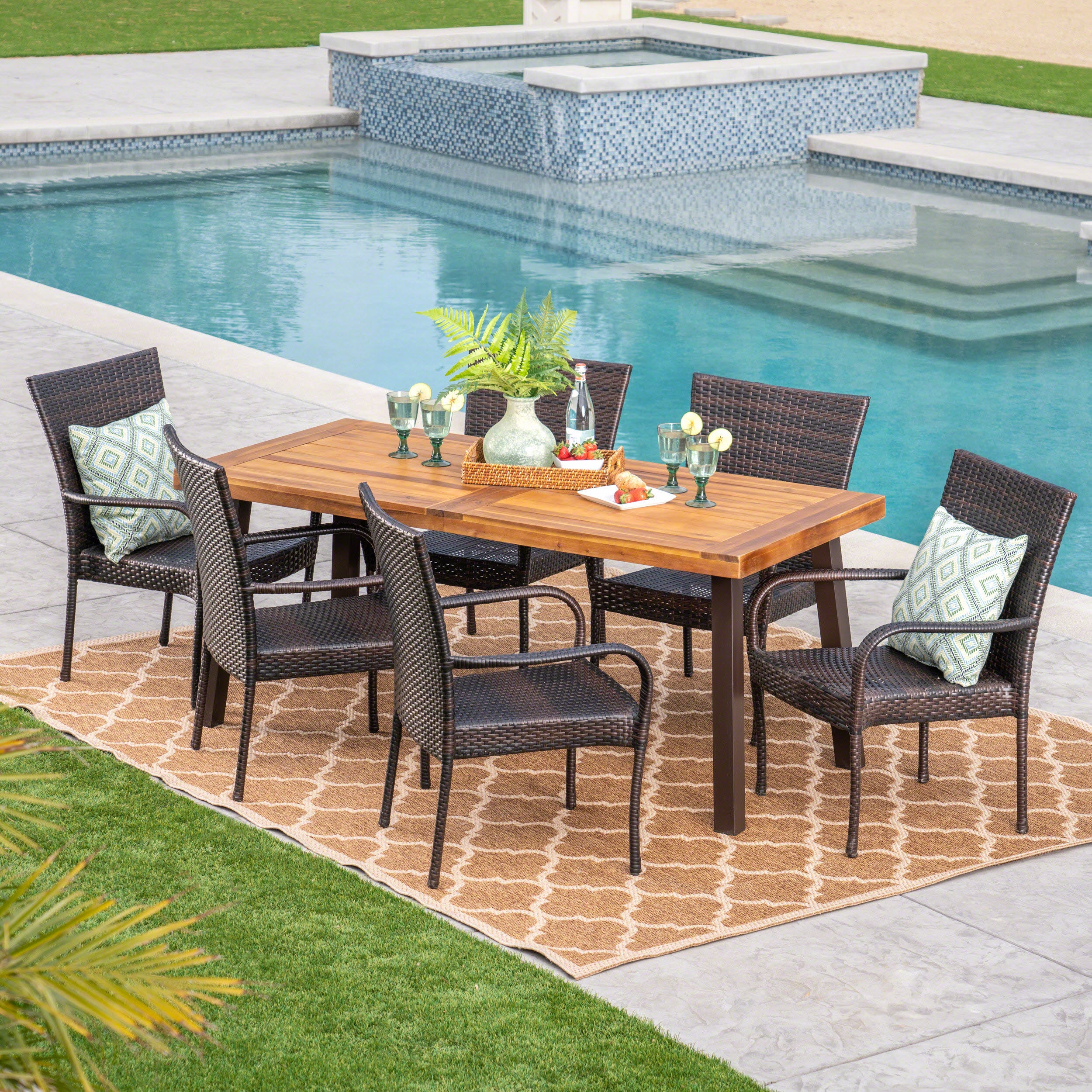 Leopold Outdoor 7 Piece Acacia Wood/ Wicker Dining Set, Teak Finish and Multibrown - furnishings
