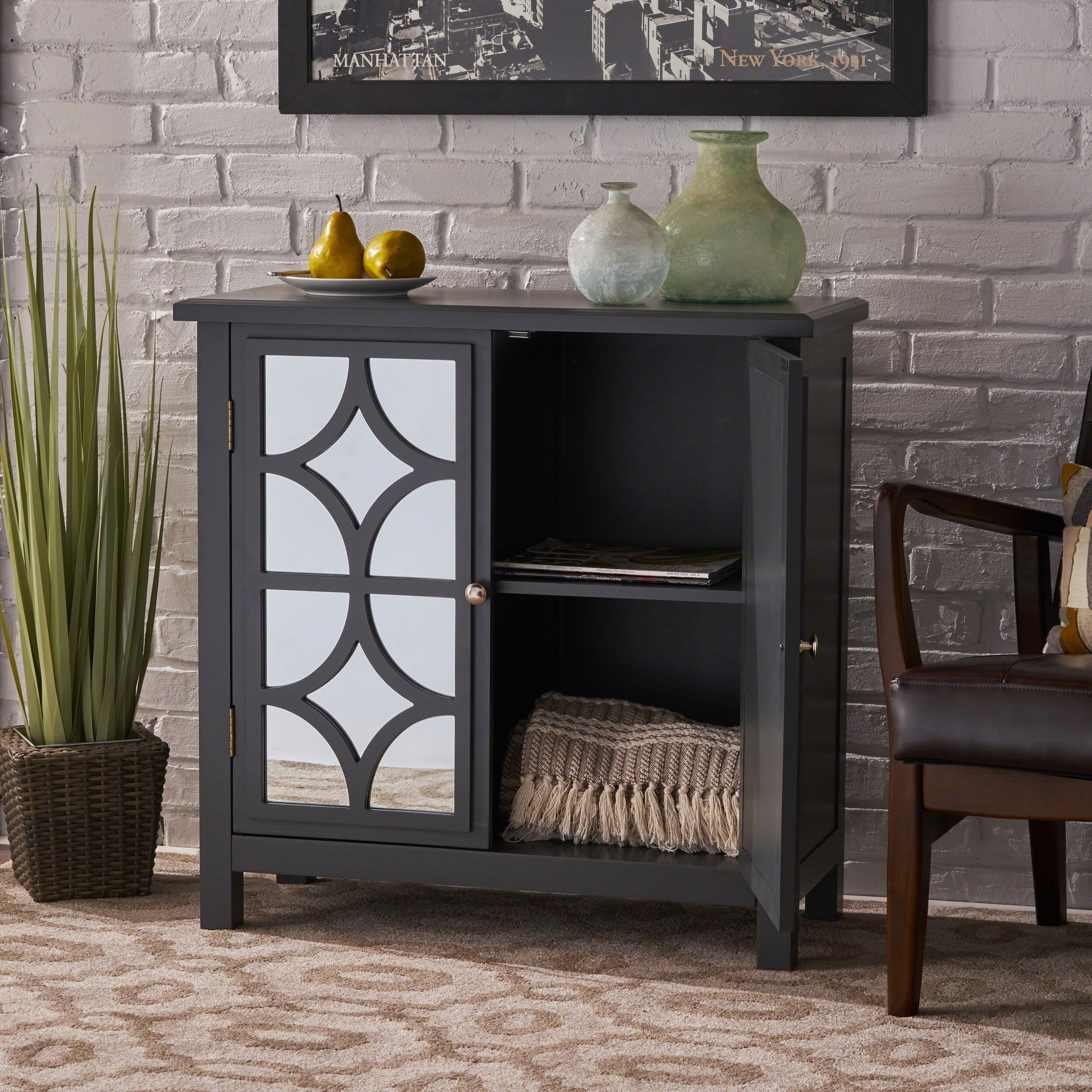 Melee Fir Wood Double Door Cabinet With Mirrored Accents, Charocal Gray - furnishings