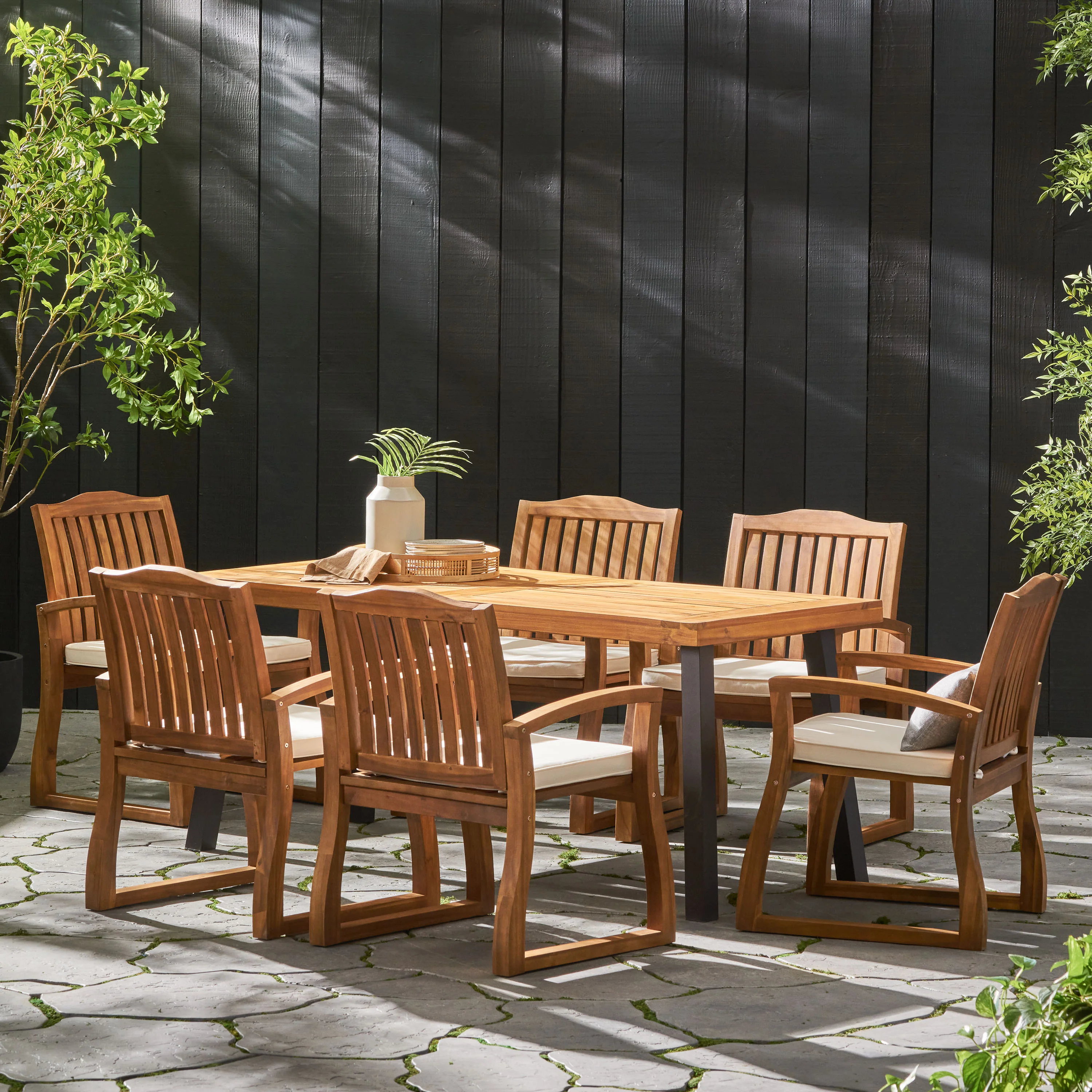 Vilamari Outdoor 7-piece Wood Dining Set with Cushions - furnishings