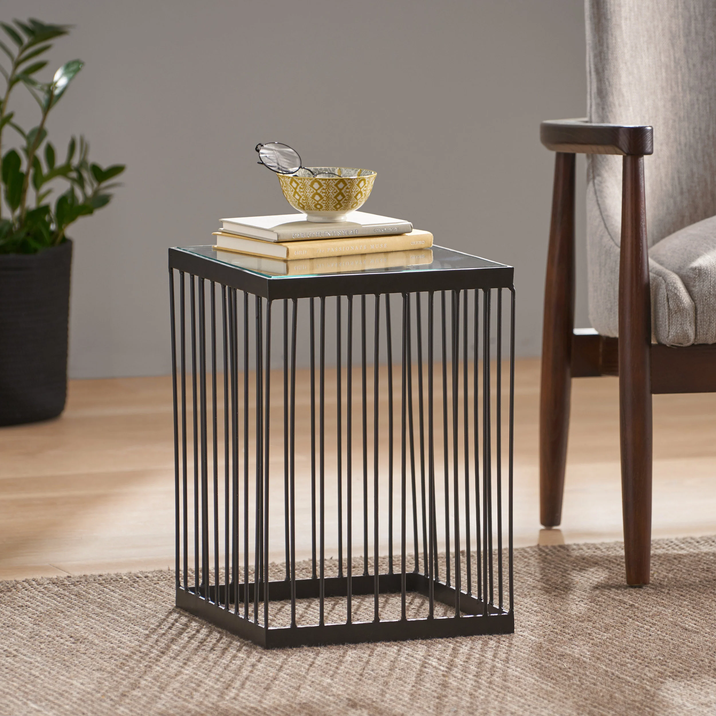 Plevna Contemporary Handcrafted Cage Side Table with Glass Top, Black and Clear - furnishings