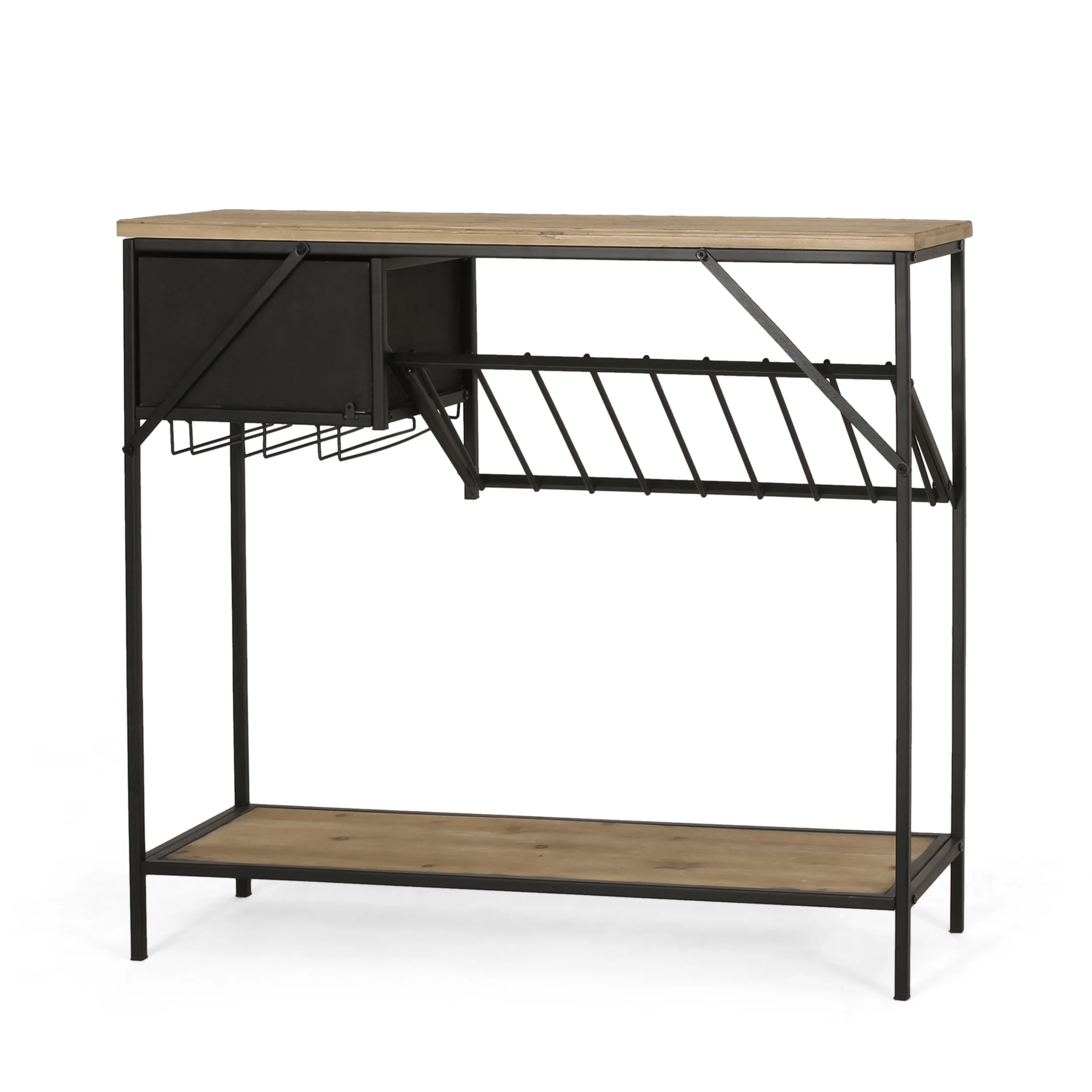 Broadwater Boho Industrial 8 Bottle Wine Rack Console Table with Storage, Natural and Black - furnishings