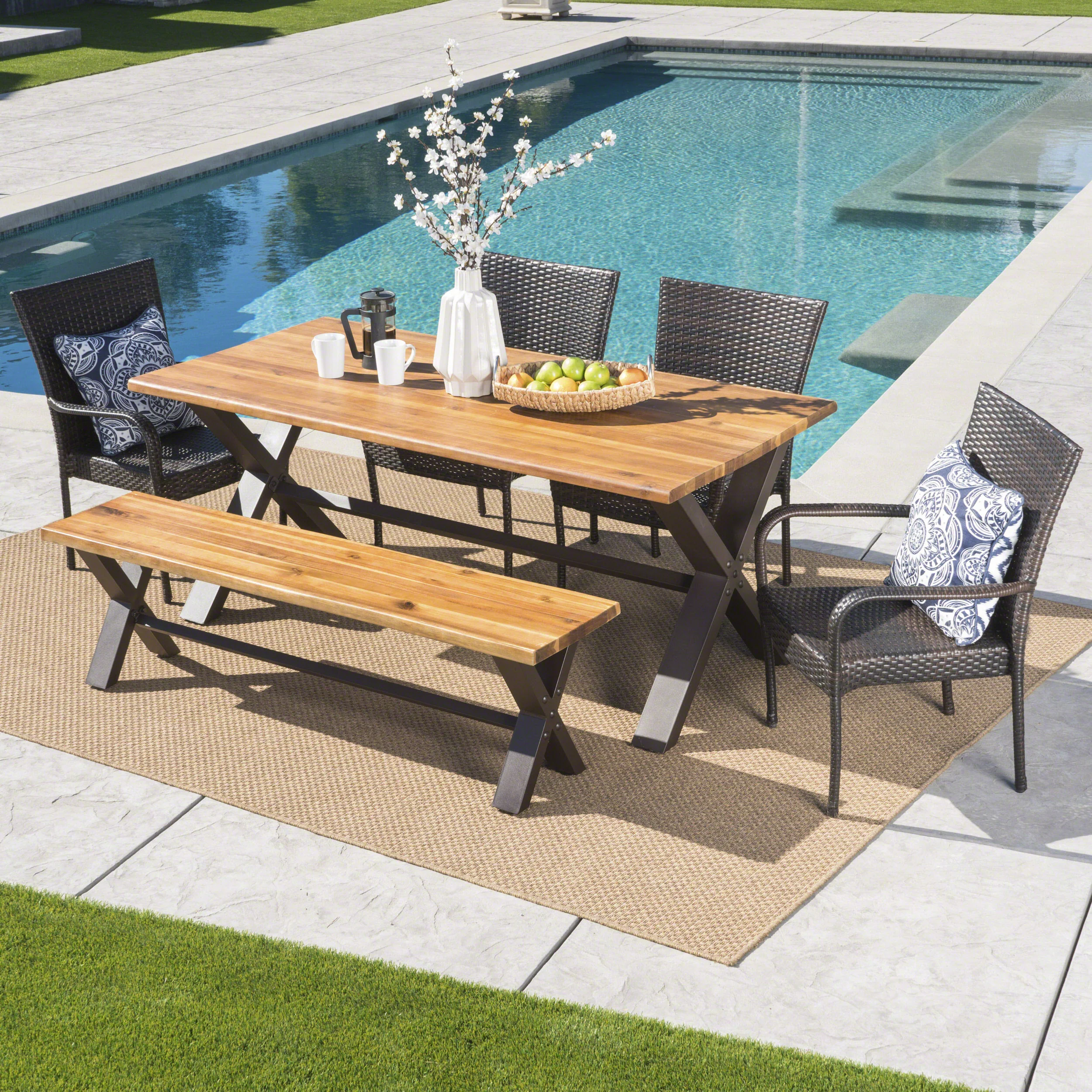 Bula Outdoor 6 Piece Acacia Wood Dining Set with Wicker Stacking Chairs - furnishings
