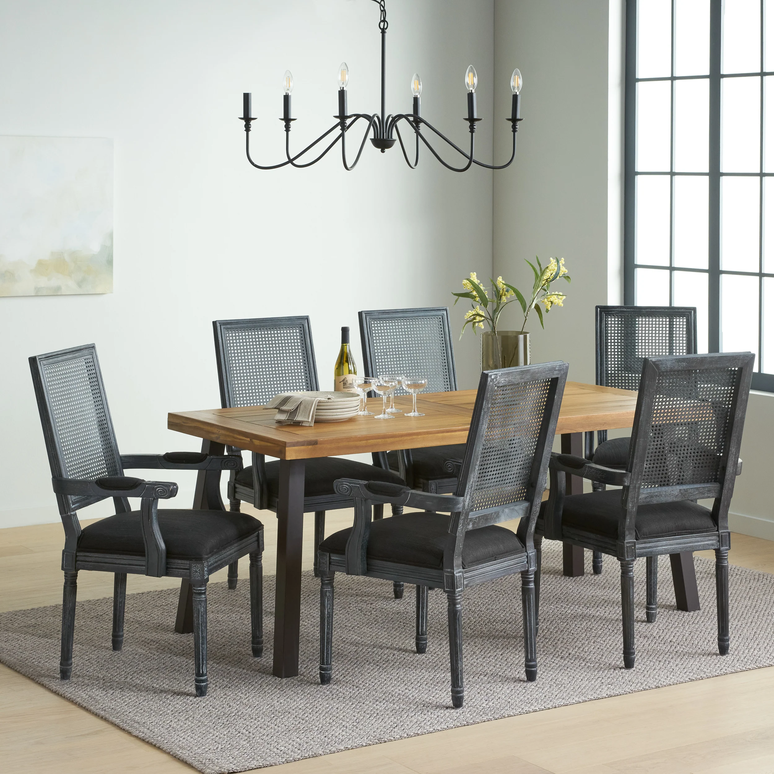 Marten Farmhouse Fabric Upholstered Wood and Cane 7 Piece Dining Set - furnishings