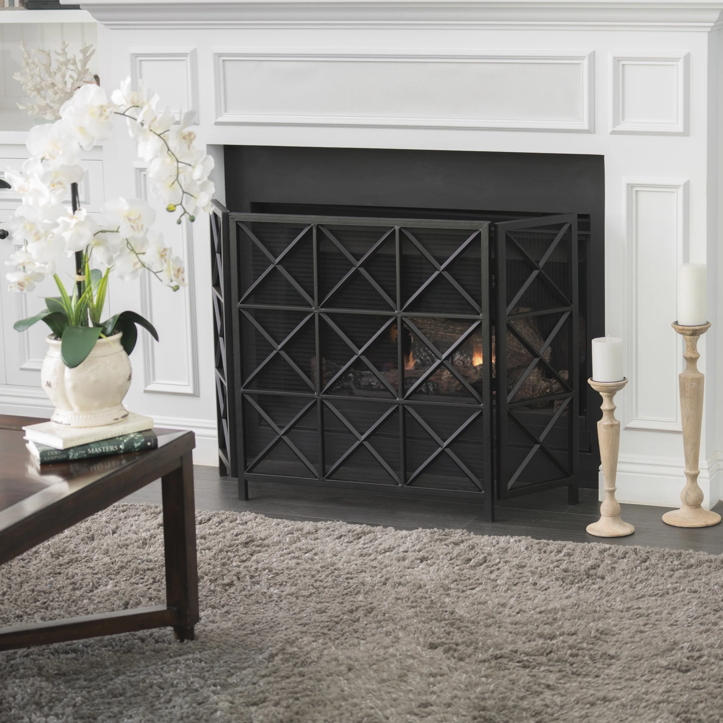 Mandralla Modern 3-Panel Iron Fireplace Screen with Cross Hatch Pattern - furnishings