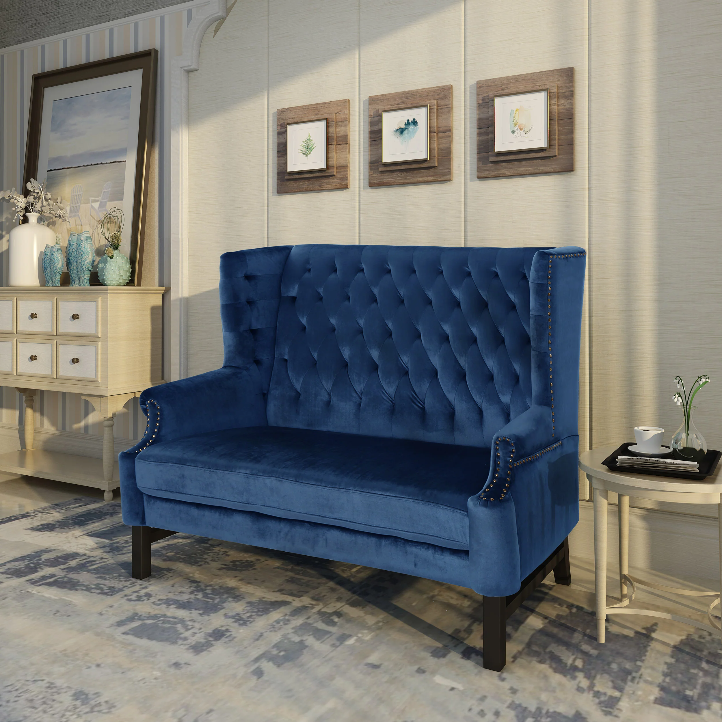 Linsey High Back Tufted Winged New Velvet Loveseat - furnishings