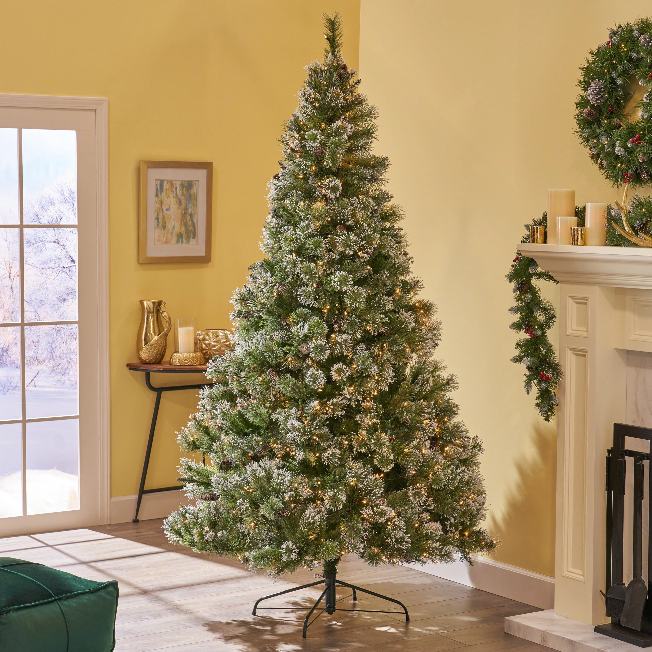 7-foot Cashmere Pine and Mixed Needles Hinged Artificial Christmas Tree with Snow and Glitter Branches and Frosted Pinecones - furnishings