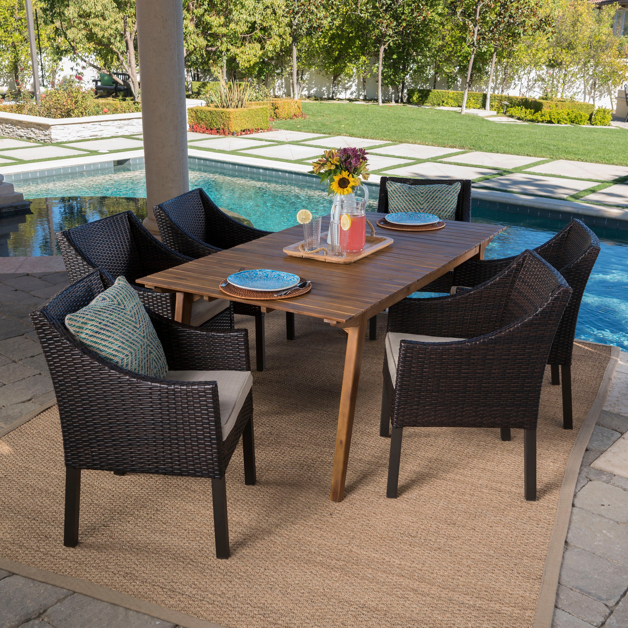 Visalia Outdoor 7 Piece Teak Finished Acacia Wood Rectangular Dining Set - furnishings