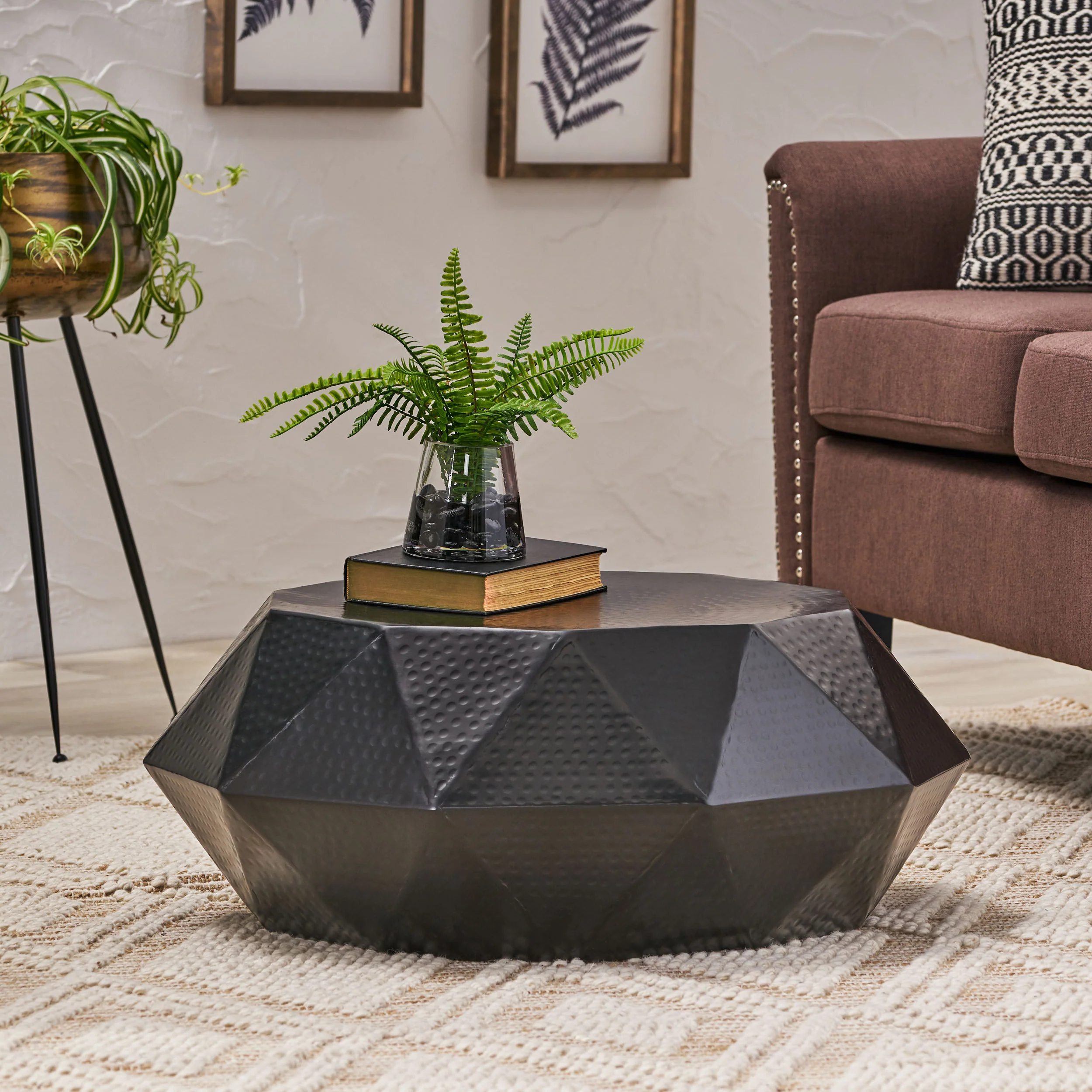 Barger Handcrafted Modern Aluminum Polygonal Coffee Table, Black - furnishings