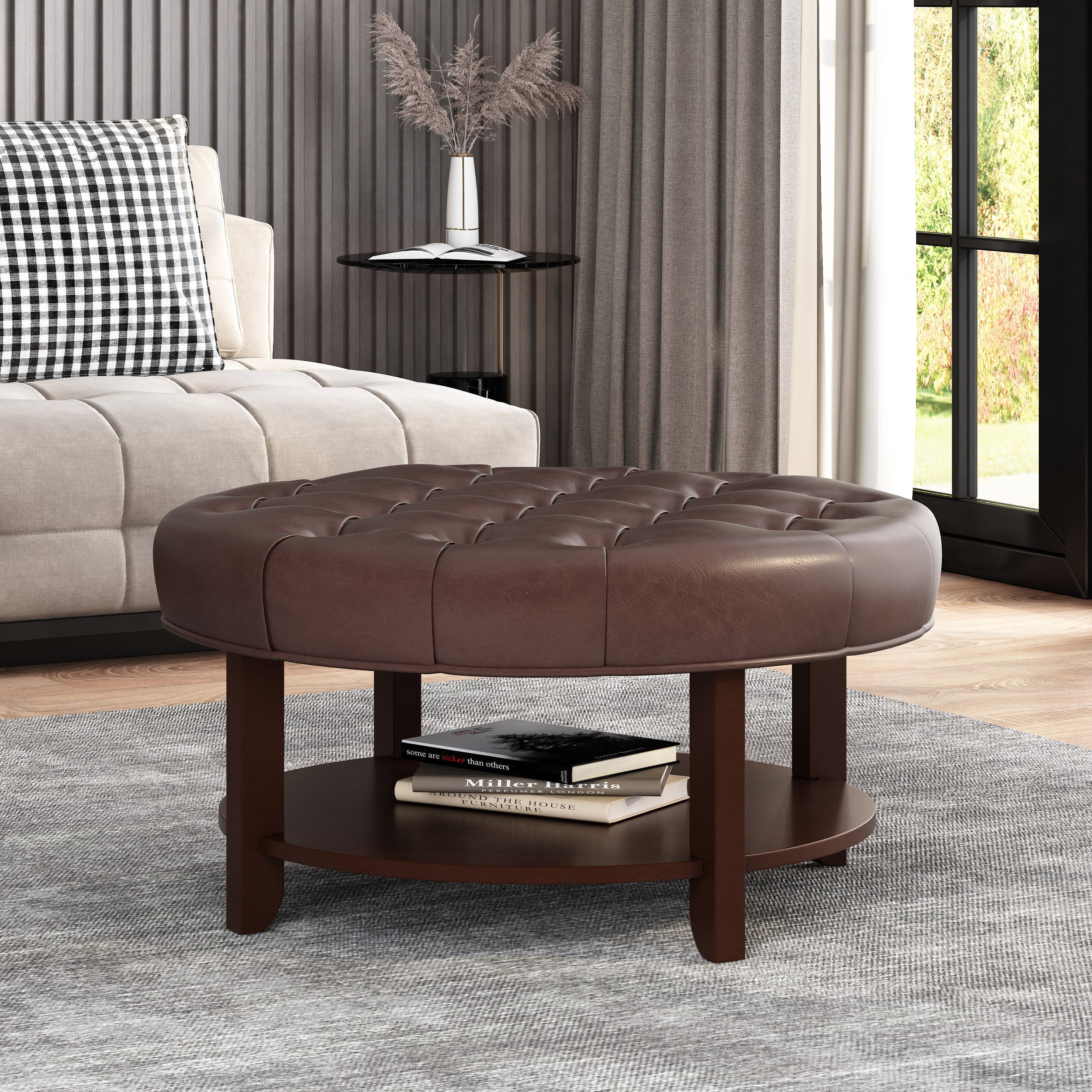 Baynes Contemporary Faux Leather Tufted Wood Round Ottoman with Open Shelf - furnishings