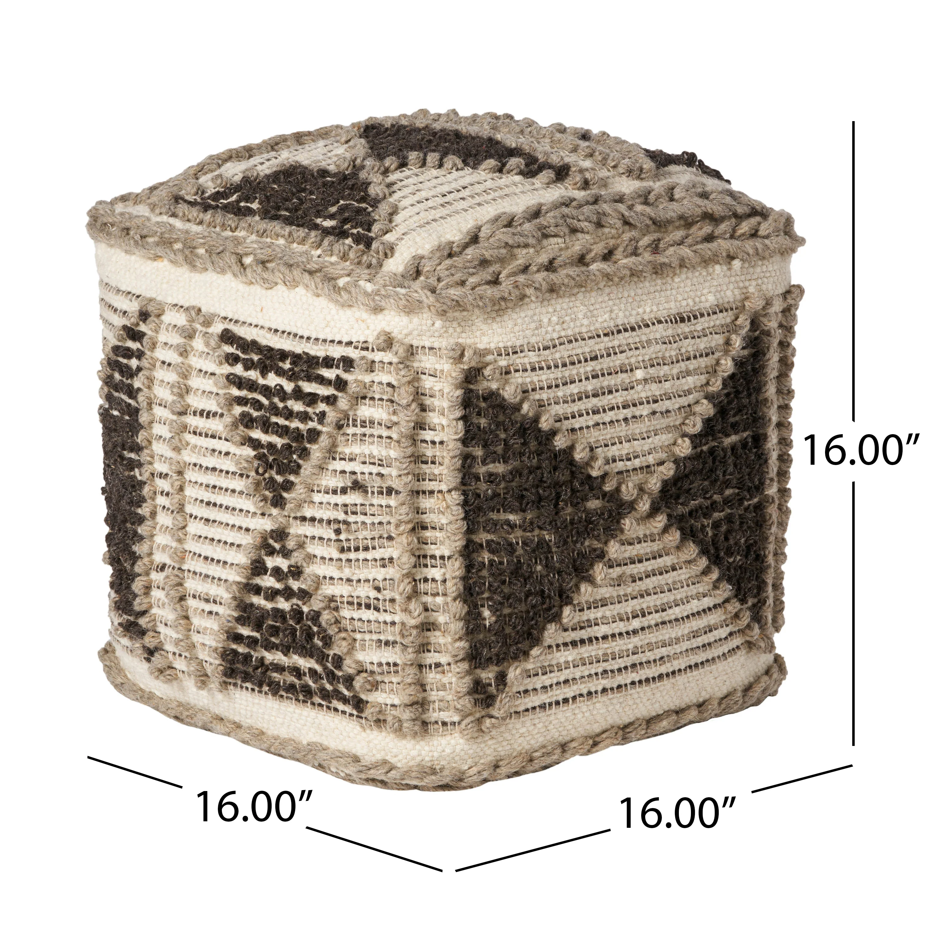 Sally Cube Pouf, Boho, Gray and Ivory Wool and Cotton - furnishings