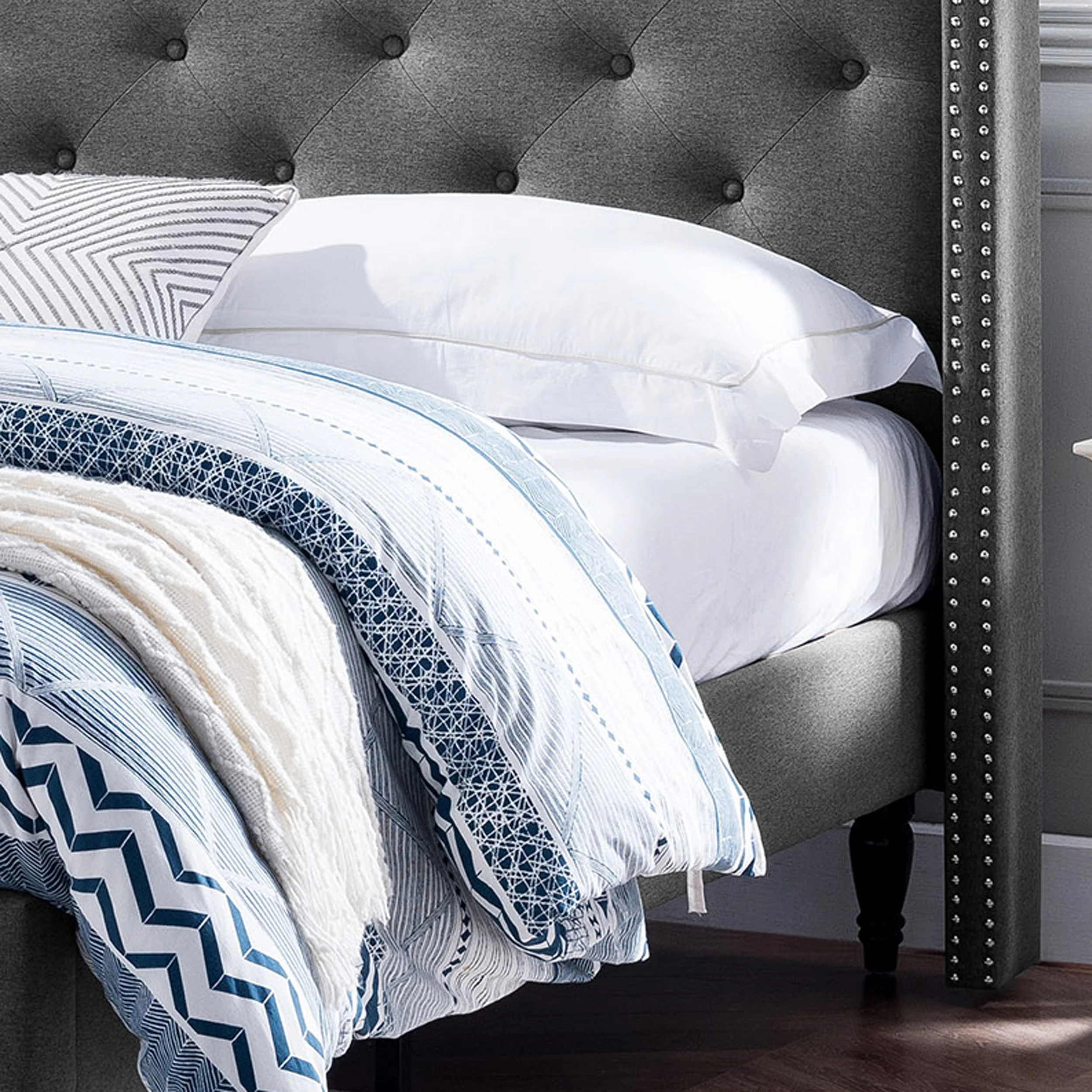 Ray Contemporary Rhinestone-Tufted Wingback Bed Frame with Nailhead Trim - furnishings