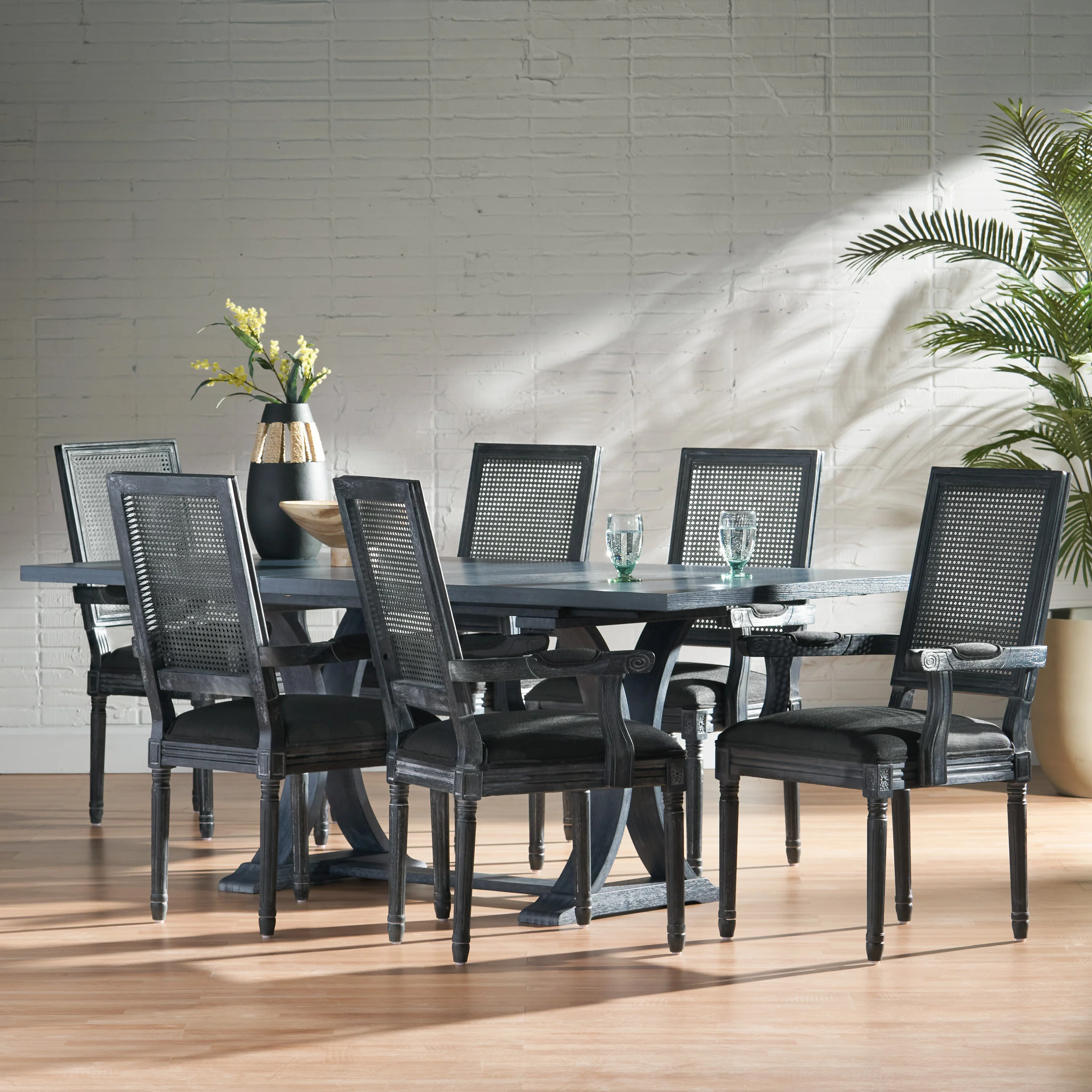 Zentner French Country Fabric Upholstered Wood and Cane 7 Piece Expandable Dining Set - furnishings