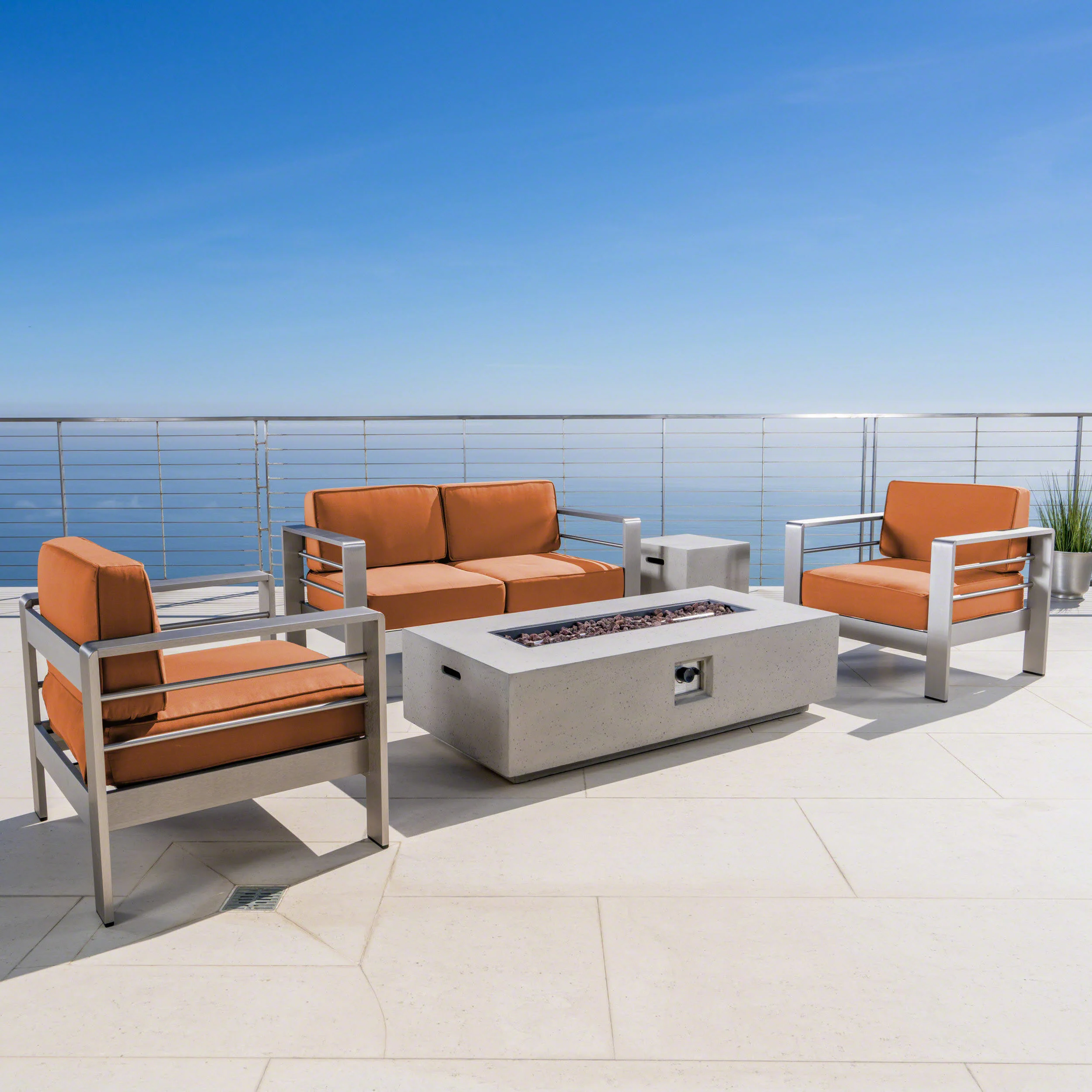 Crested Bay 5pc Modern Outdoor Aluminum Sofa & Chairs Set With Fire Pit - furnishings