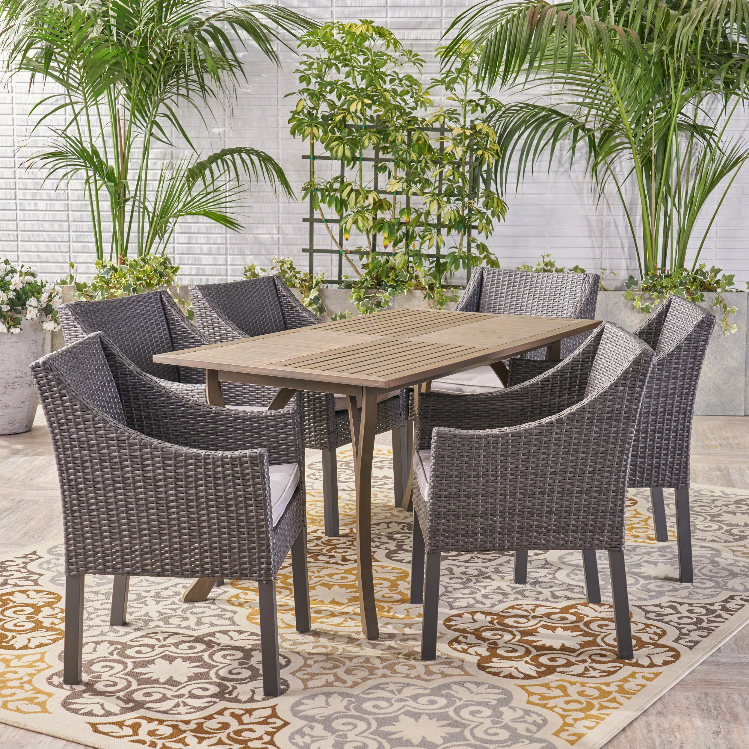 Temorah Outdoor 7 Piece Wood and Wicker Dining Set, Gray and Gray - furnishings