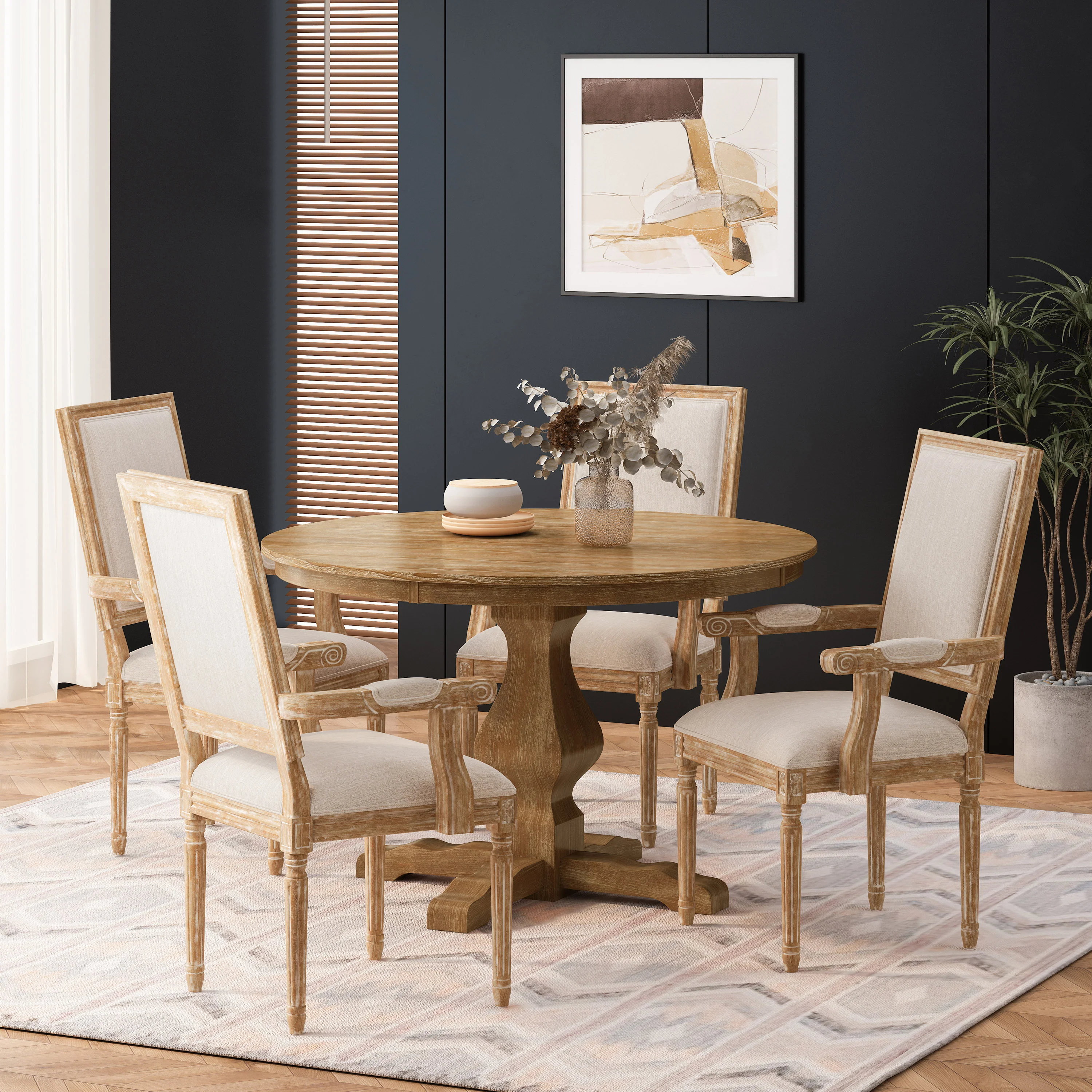 Joretta French Country Fabric Upholstered Wood 5 Piece Circular Dining Set - furnishings