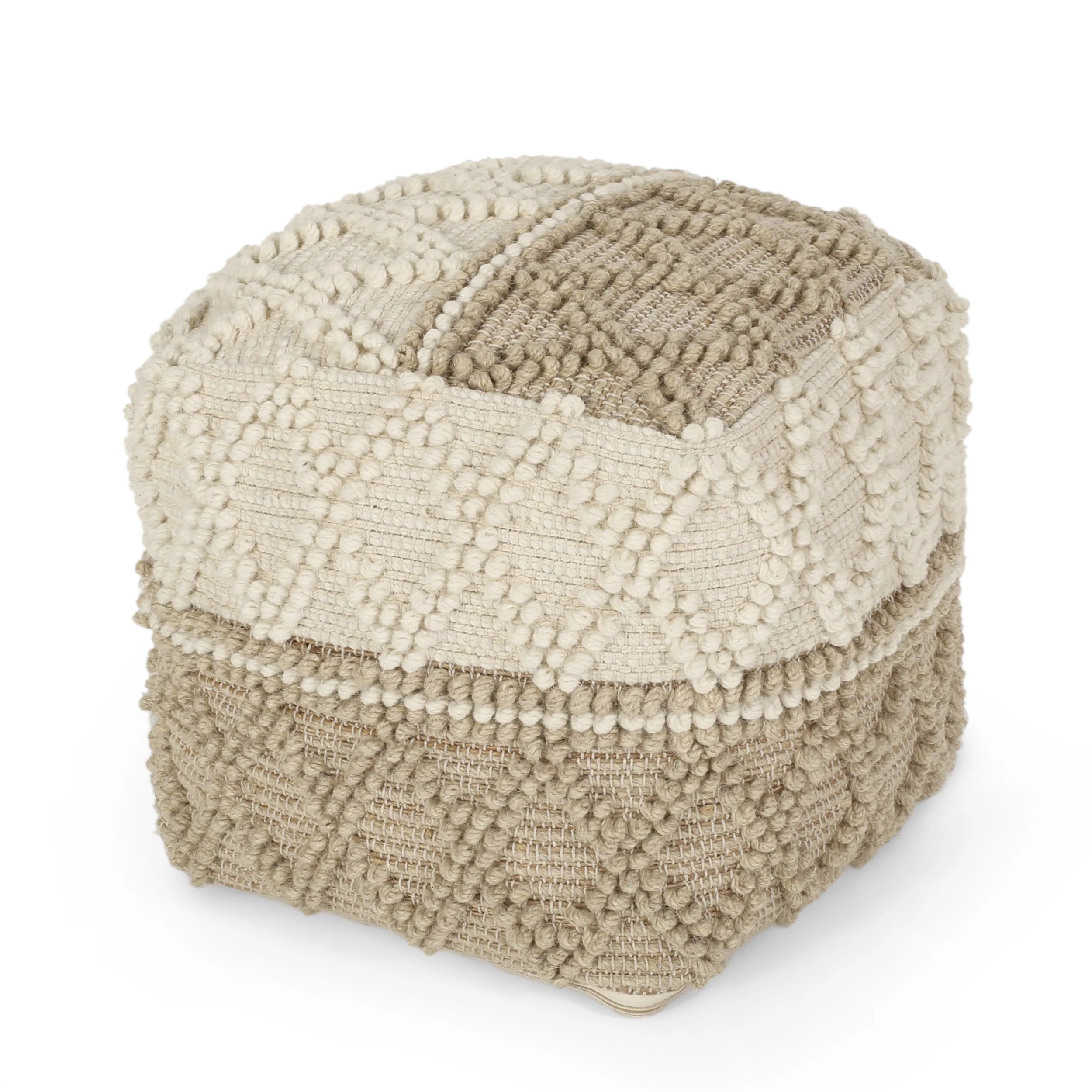 Galion Boho Handcrafted Fabric Cube Pouf, Ivory and Beige - furnishings