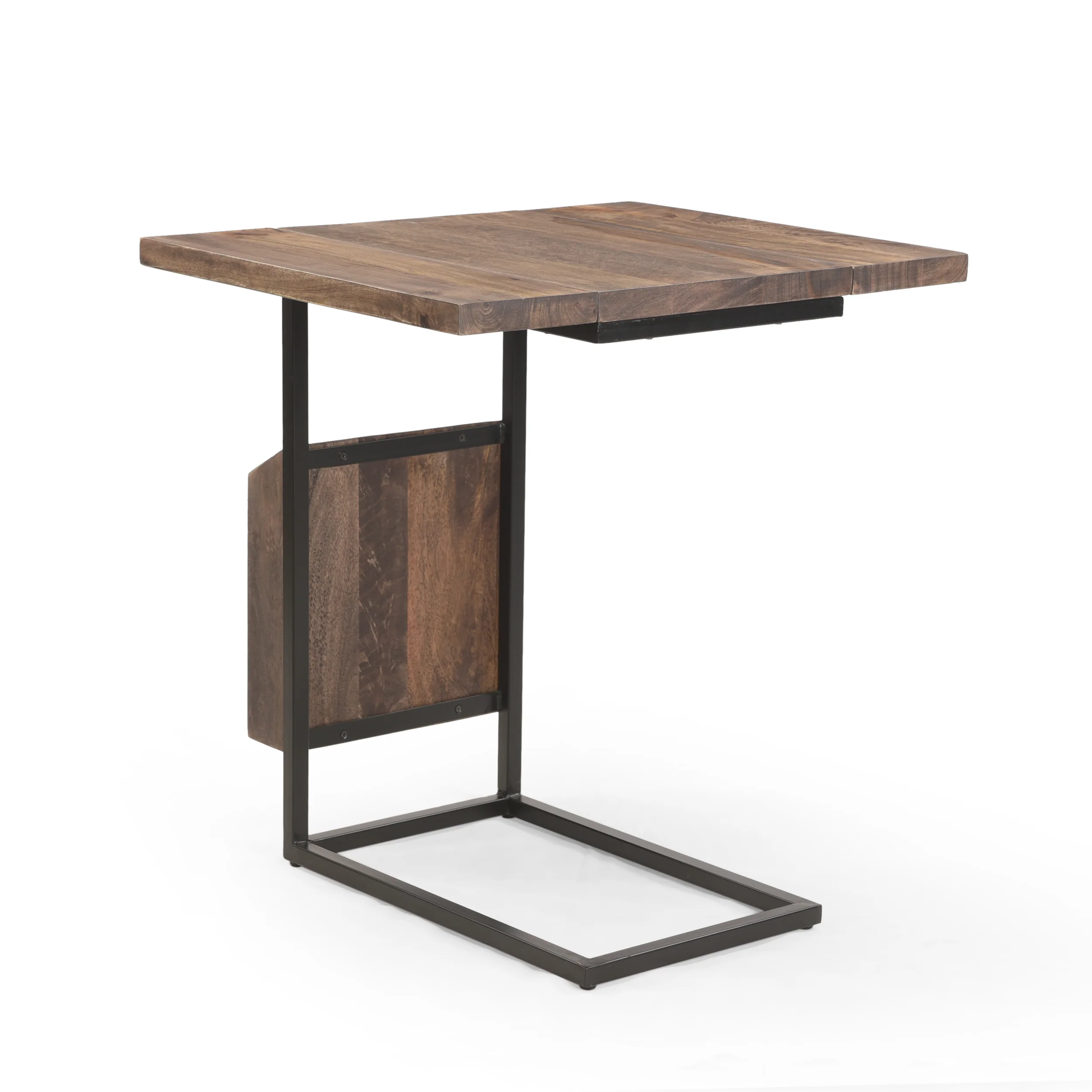 Ayzen Modern Industrial Mango Wood Adjustable C-Shaped End Table with Magazine Rack - furnishings