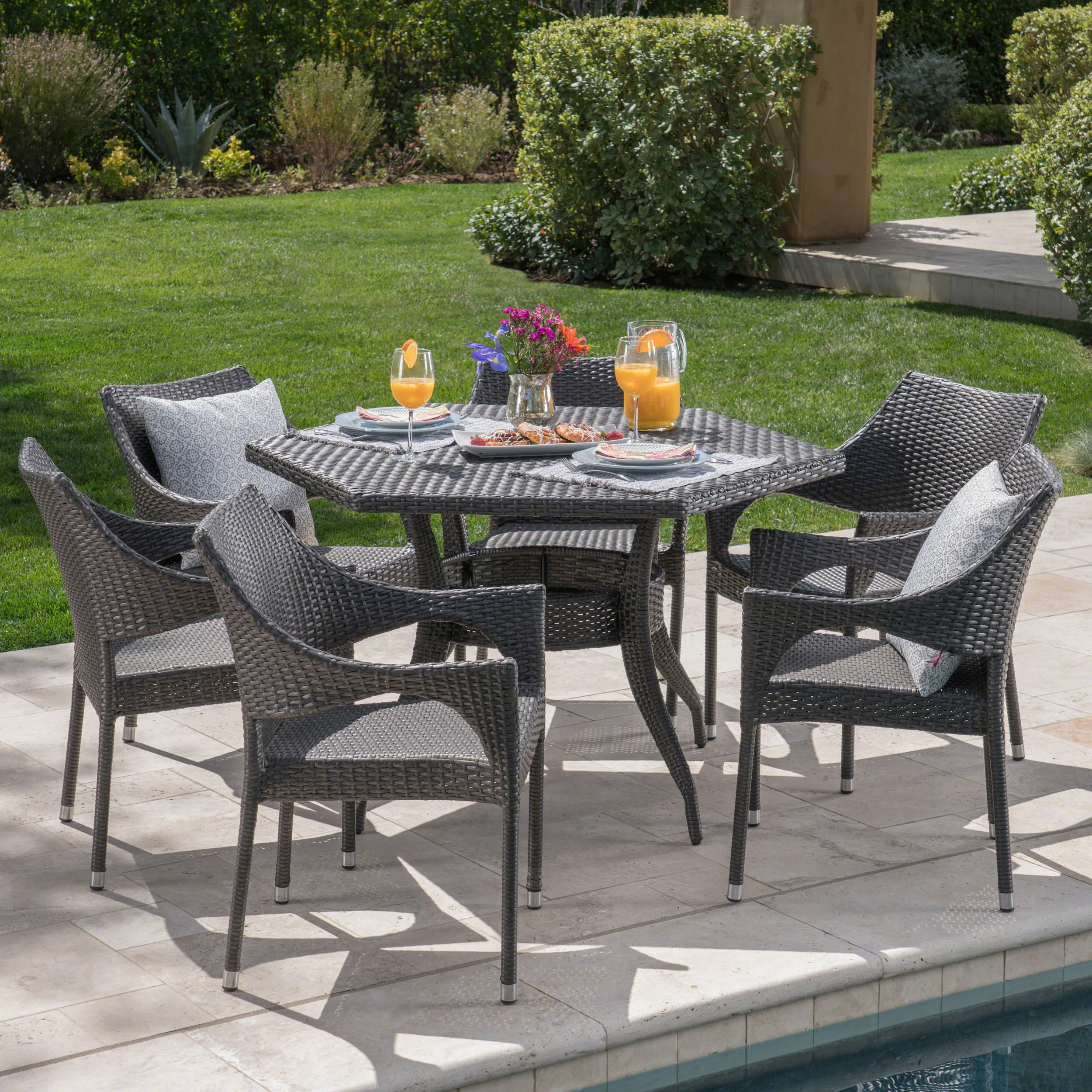 Rosy Outdoor 7 Piece Wicker Hexagon Dining Set with Stacking Chairs - furnishings