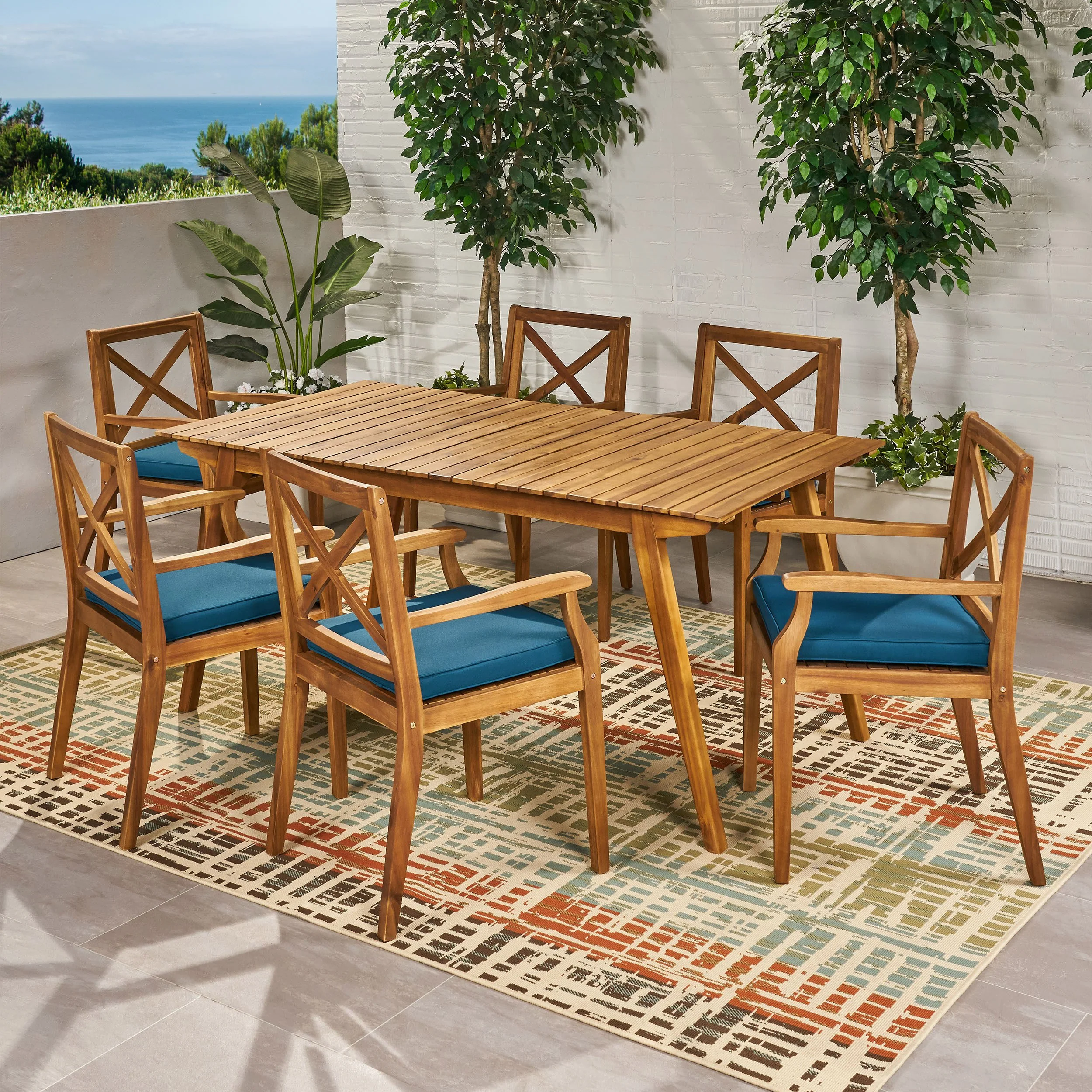 Brinkley Outdoor 7-Piece Acacia Wood Dining Set with Cushions - furnishings