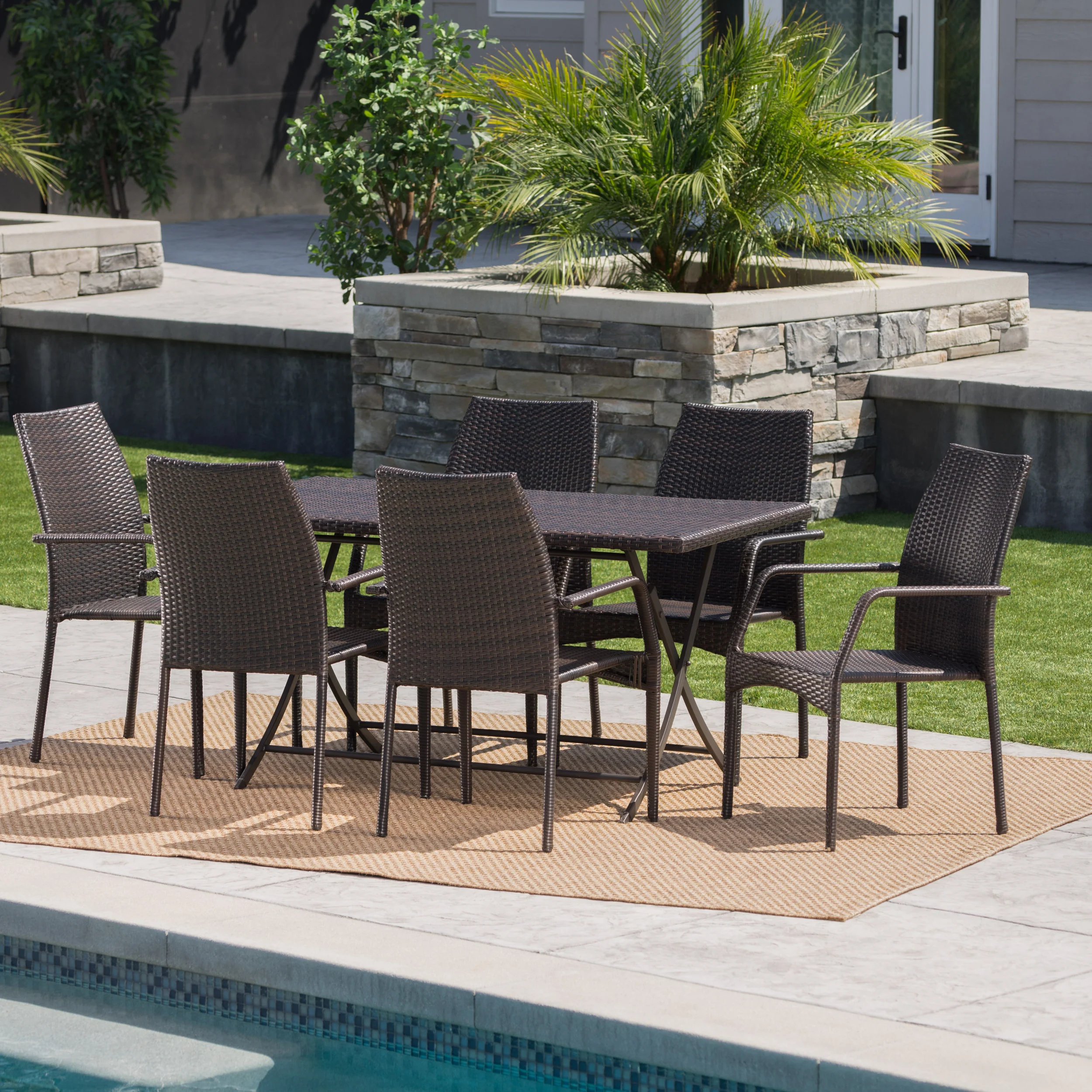 Arya Outdoor 7 Piece Multi-brown Wicker Dining Set with Foldable Table and Stack - furnishings