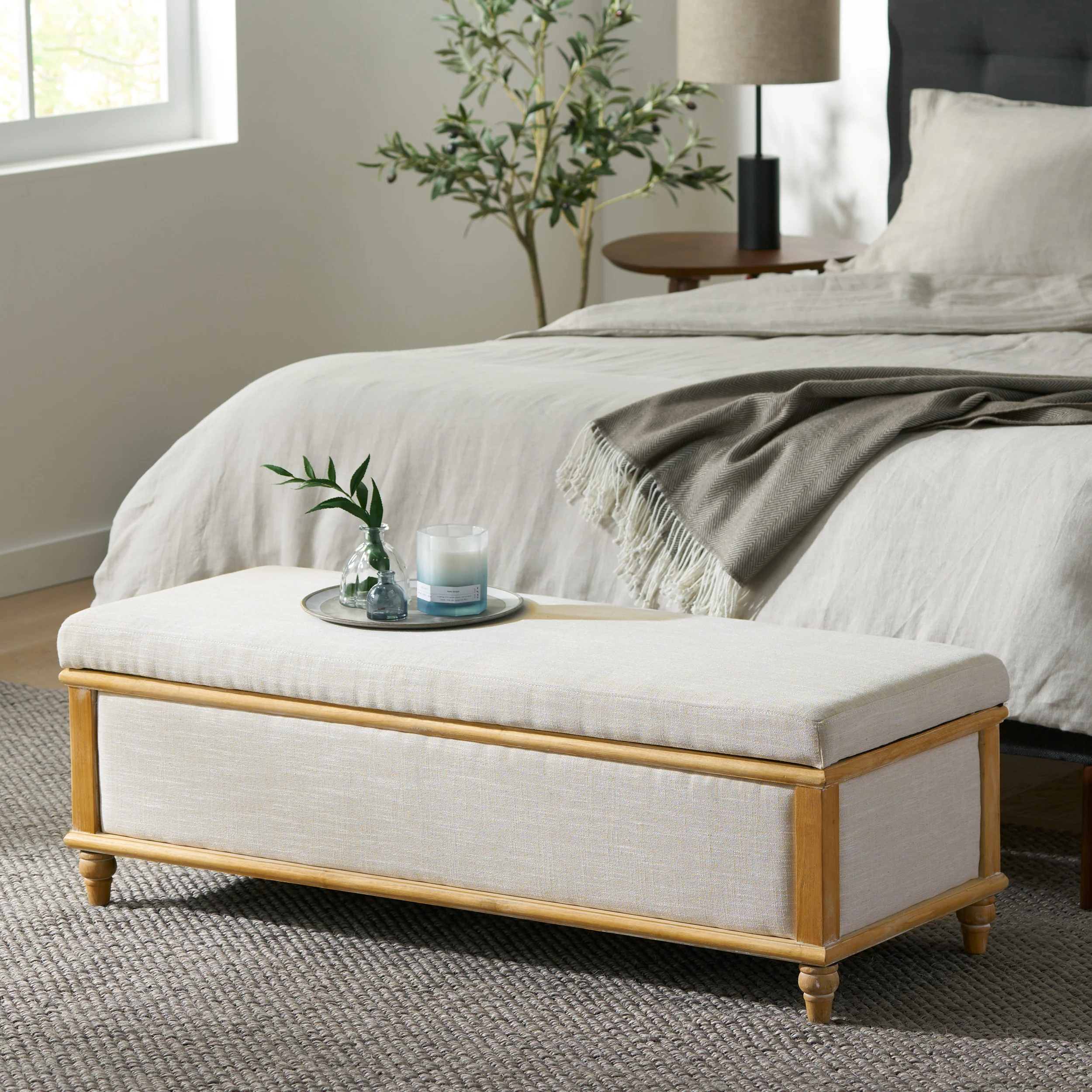 Lombardi French Style Upholstered Light Beige Fabric Storage Ottoman - furnishings