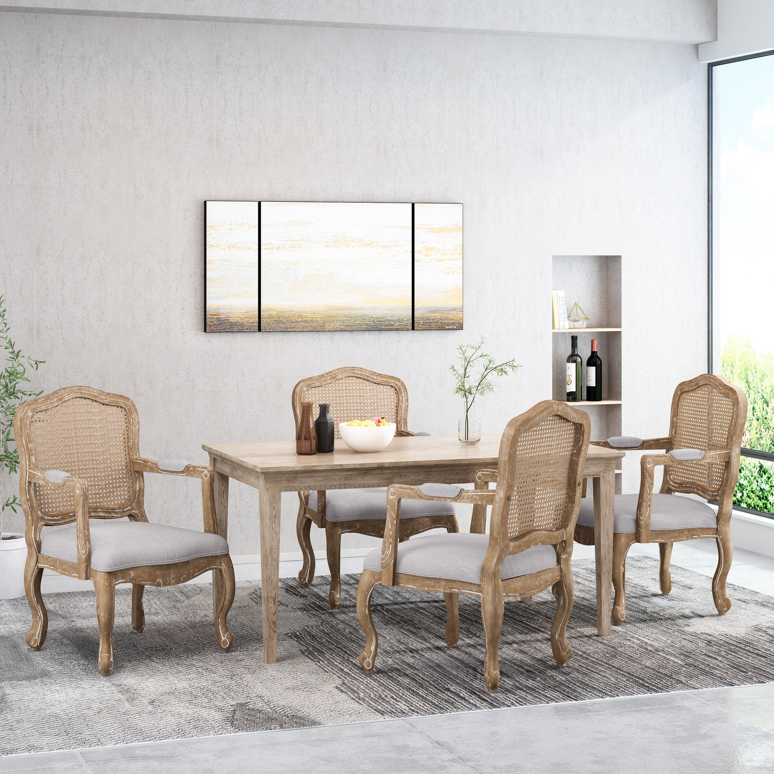 Biorn French Country Wood and Cane Upholstered Dining Armchair - furnishings