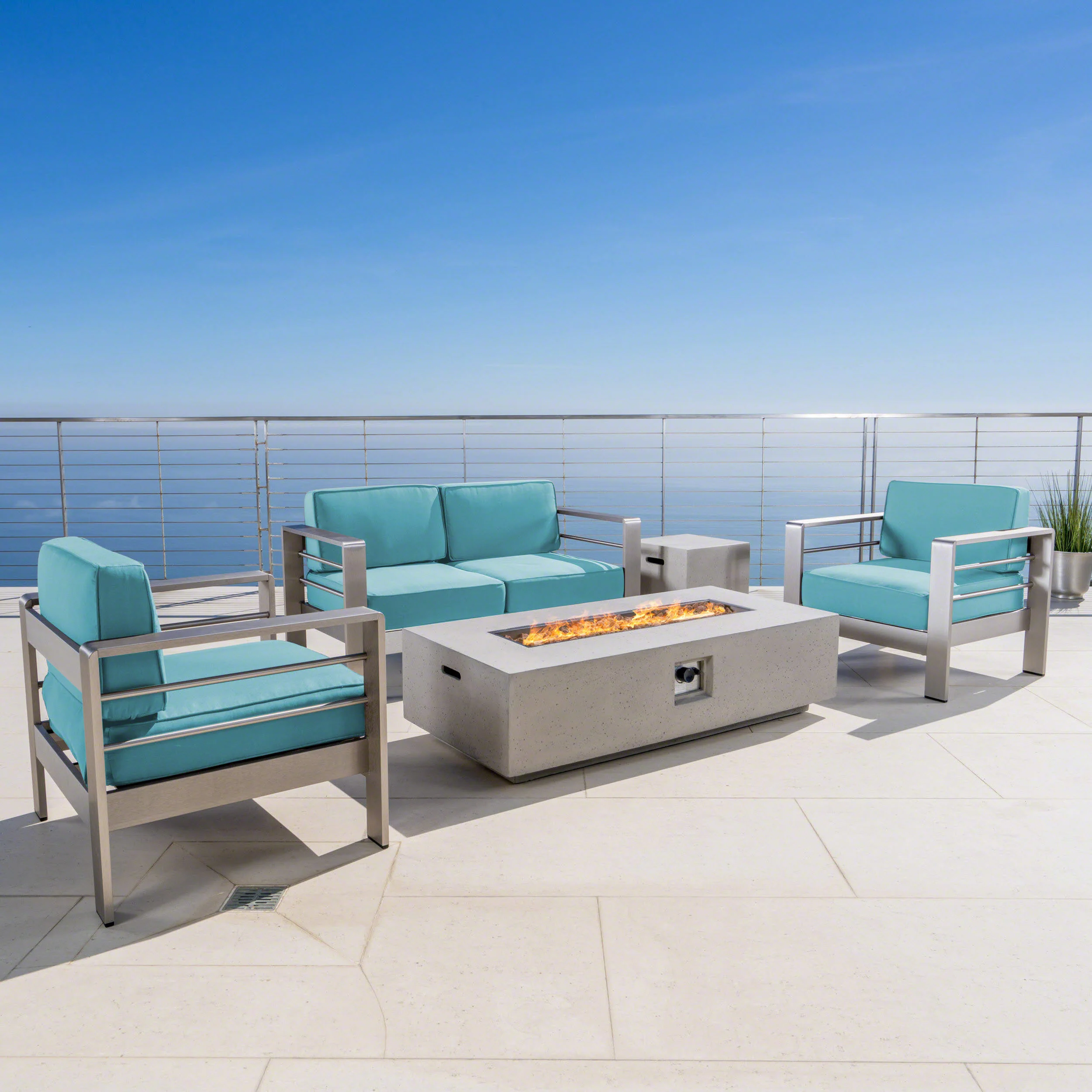 Crested Bay 5pc Modern Outdoor Aluminum Sofa & Chairs Set With Fire Pit - furnishings