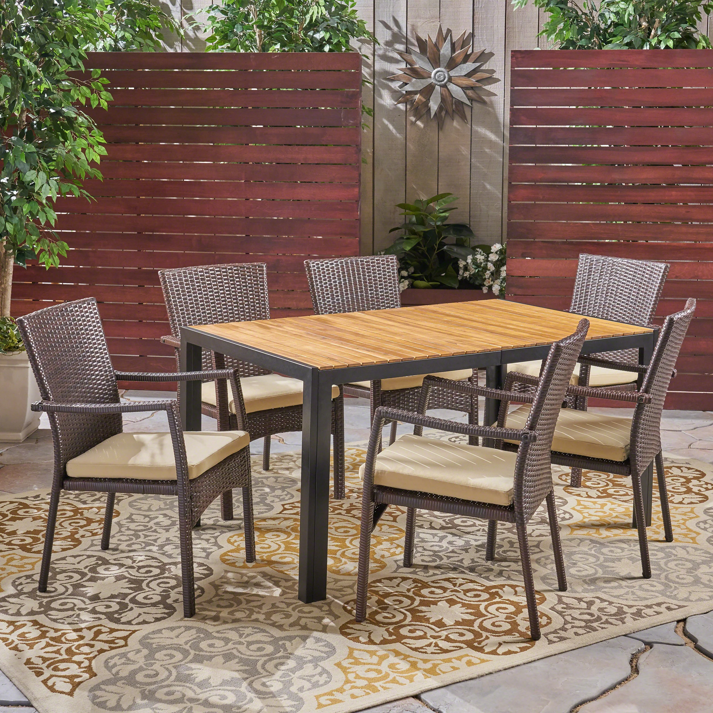 Faithe Outdoor 6-Seater Rectangular Acacia Wood and Wicker Dining Set, Teak with Black and Brown with Cream - furnishings