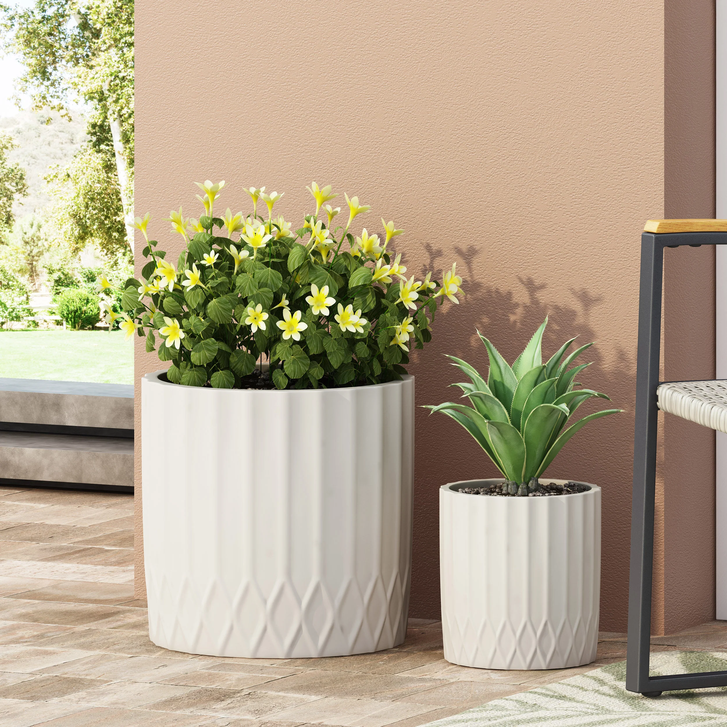 Morelos Outdoor Small and Large Cast Stone Planter Set, Antique White - furnishings