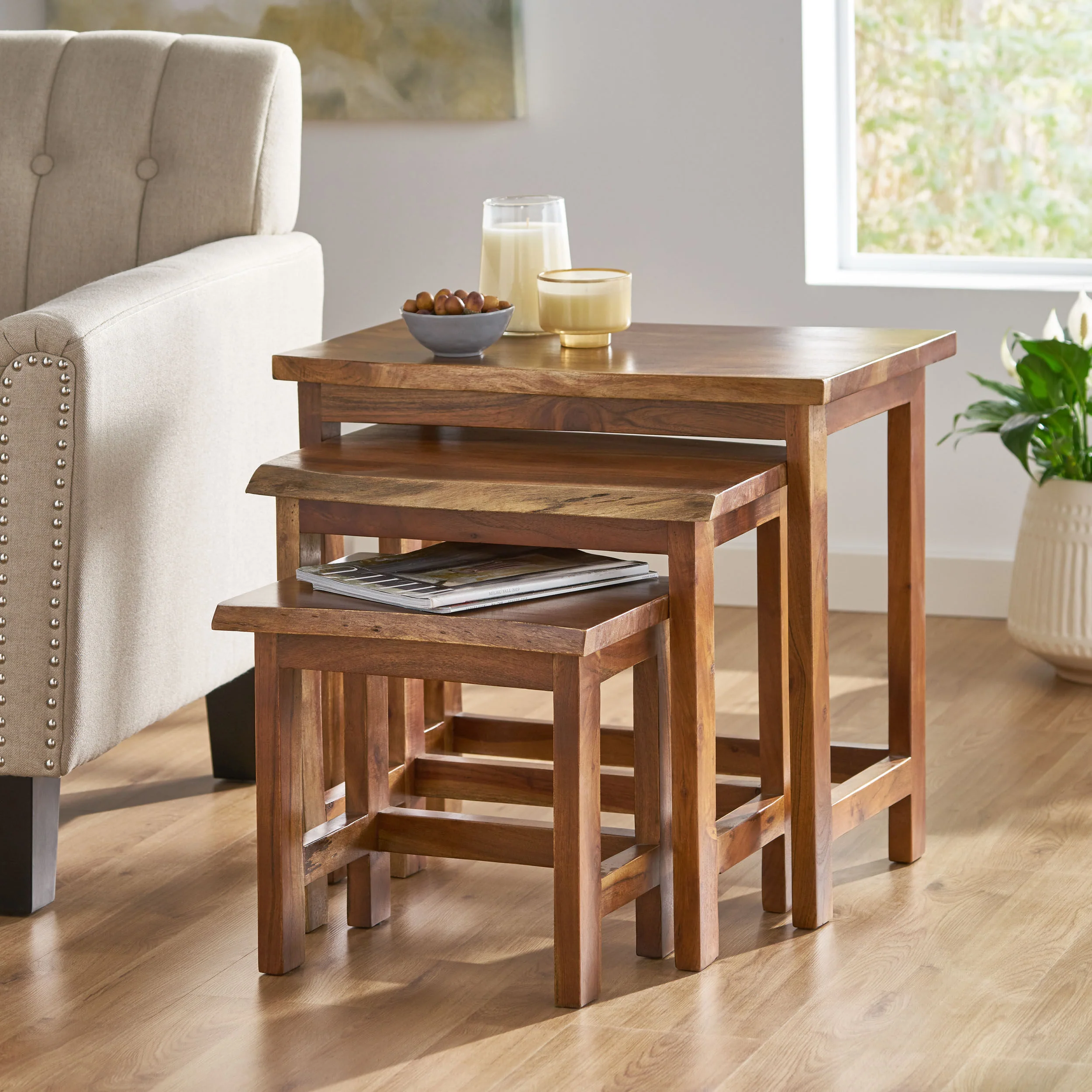 Baldner Rustic Handcrafted Acacia Wood Nested Tables (Set of 3), Walnut - furnishings