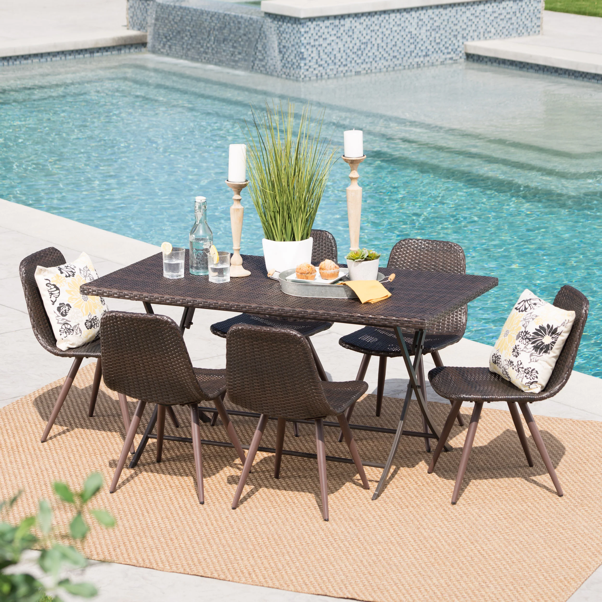 Emery Outdoor 7 Piece Multi-brown Wicker Dining Set - furnishings