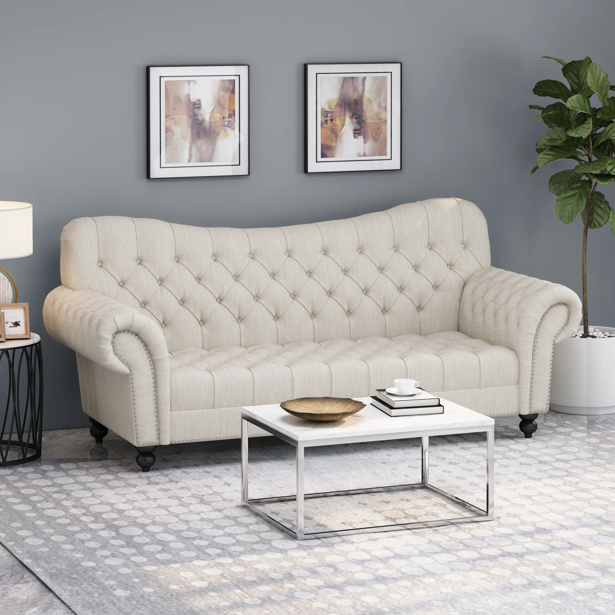 Emeric Chesterfield Button Tufted Fabric 3 Seater Sofa - furnishings