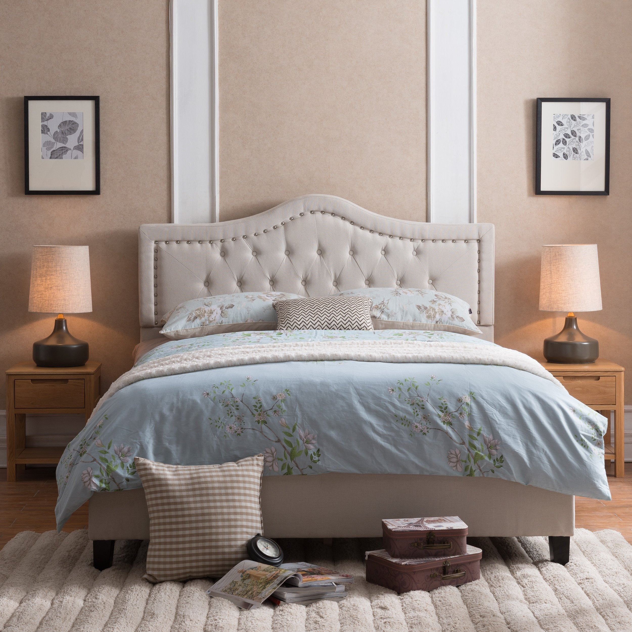 Dante Contemporary Upholstered Queen Bed Set with Nailhead Trim - furnishings