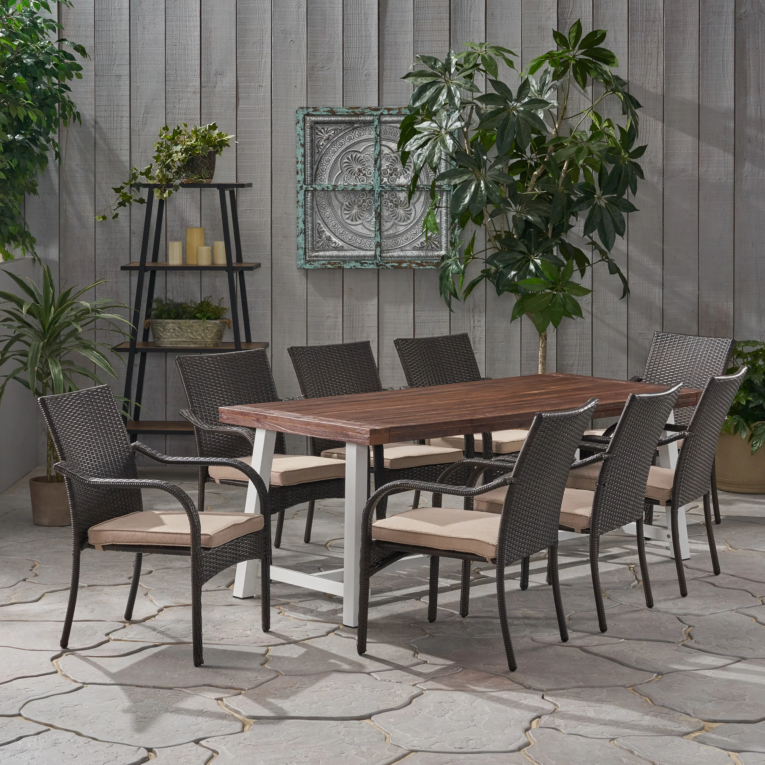Addilynn Outdoor Wood and Wicker 8 Seater Dining Set - furnishings