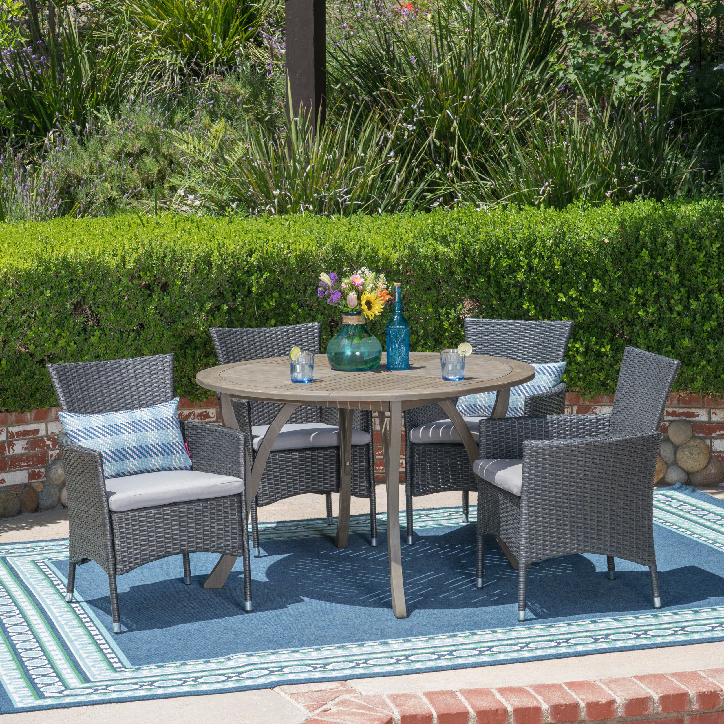 Valena Outdoor 5 Piece Acacia Wood and Wicker Dining Set - furnishings