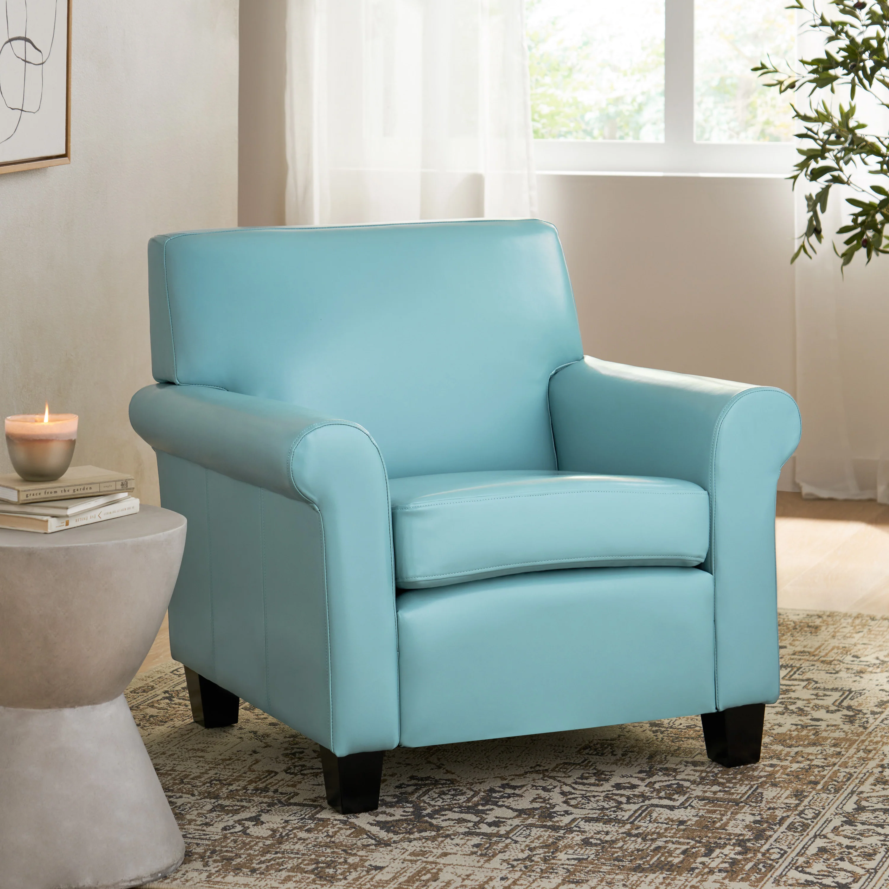 Addison Contemporary Teal Blue Leather Club Chair with Scrolled Arms - furnishings
