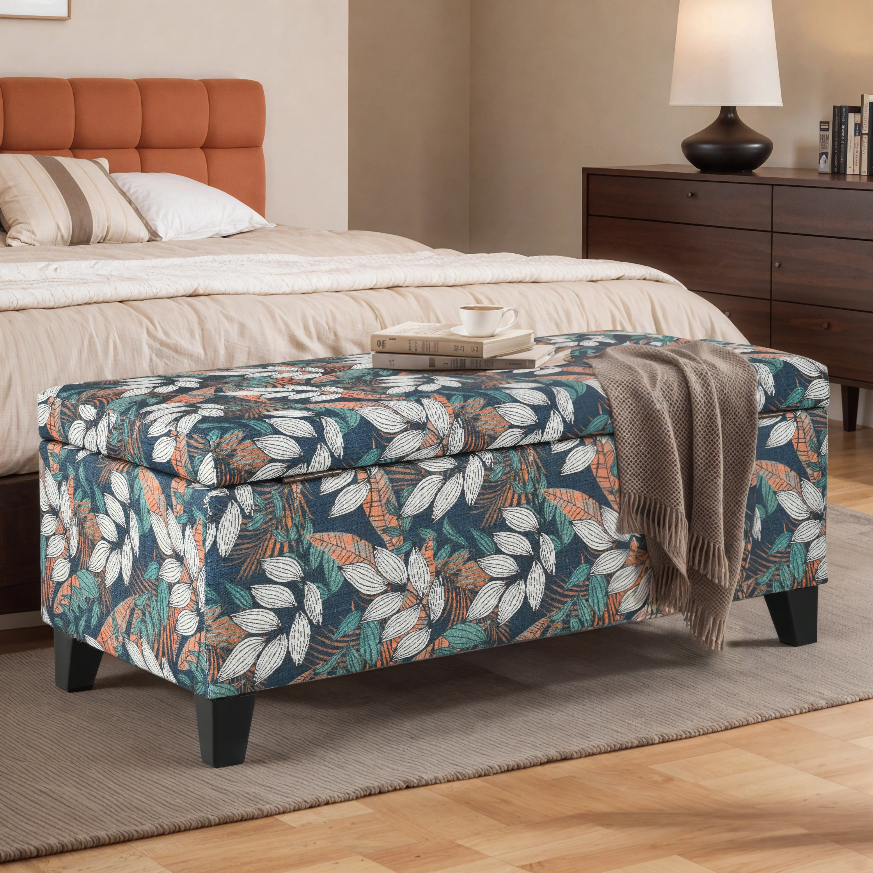 Delray Delray Orange and White Floral Fabric Storage Ottoman - furnishings