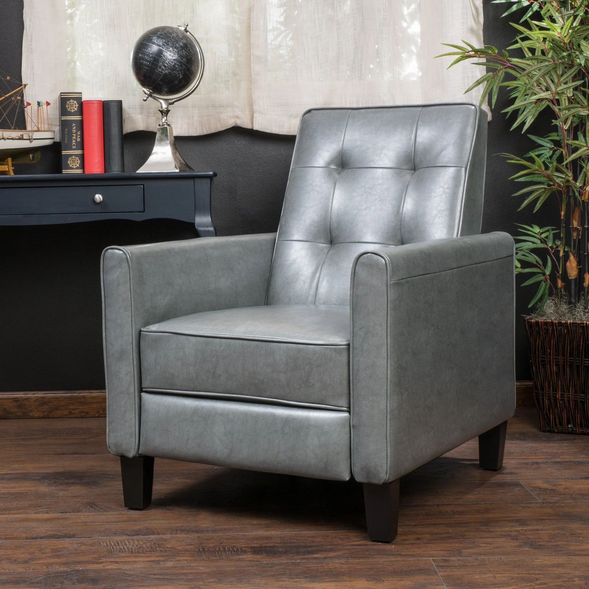 Elan Contemporary Tufted Dark Gray Bonded Leather Recliner with Tapered Legs - furnishings