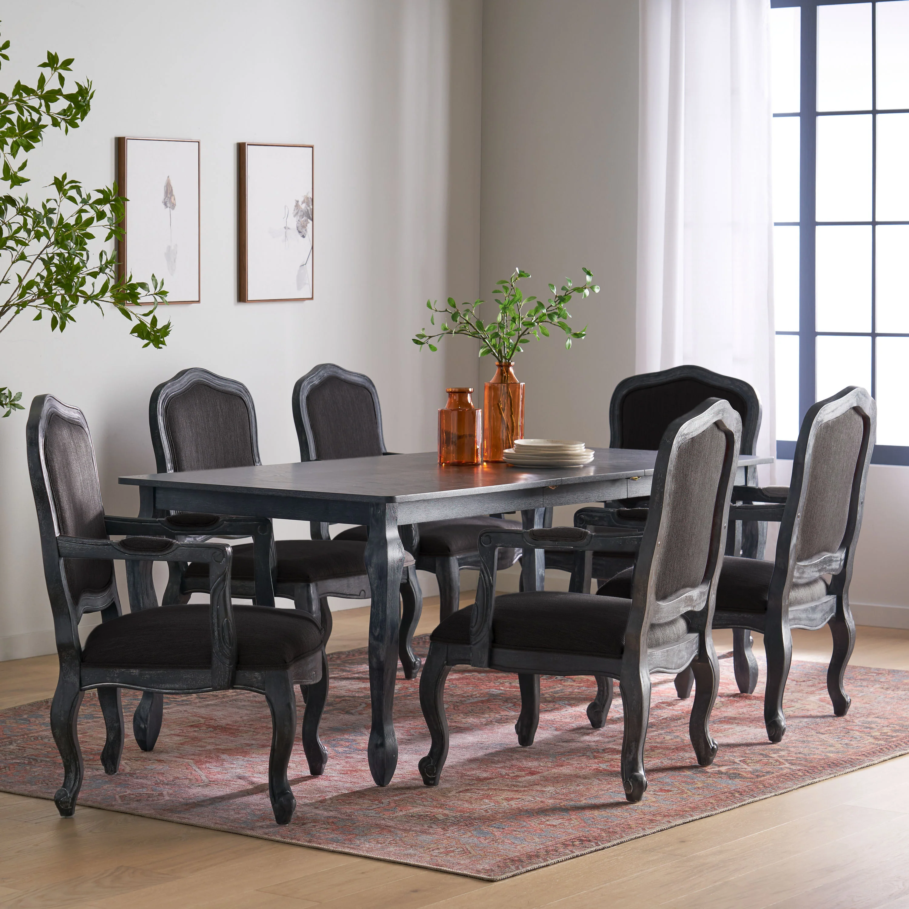 Bonview French Country Fabric Upholstered Wood Expandable 7 Piece Dining Set - furnishings