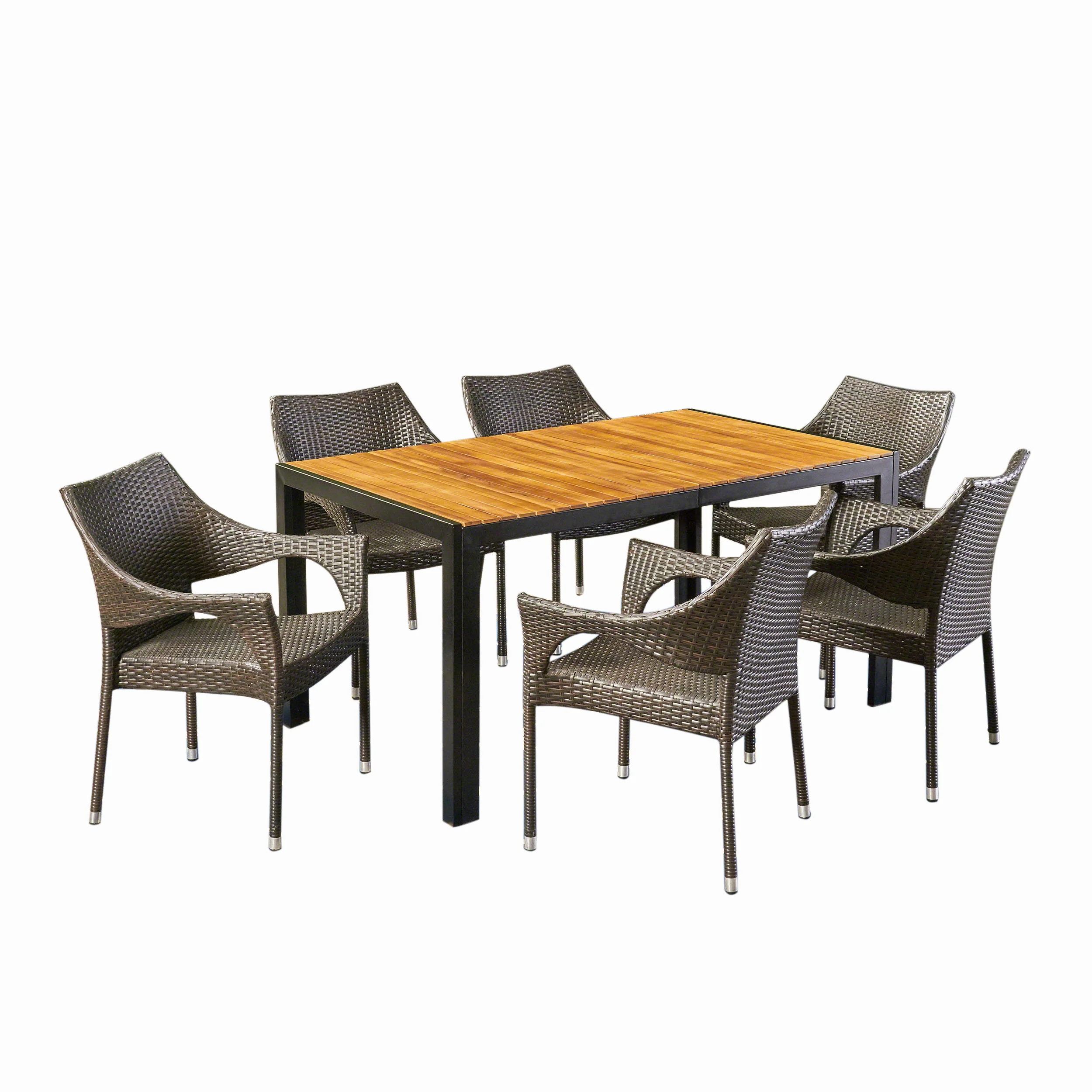 Hermosa Outdoor 6-Seater Rectangular Acacia Wood and Wicker Dining Set, Teak with Black and Multi Brown - furnishings