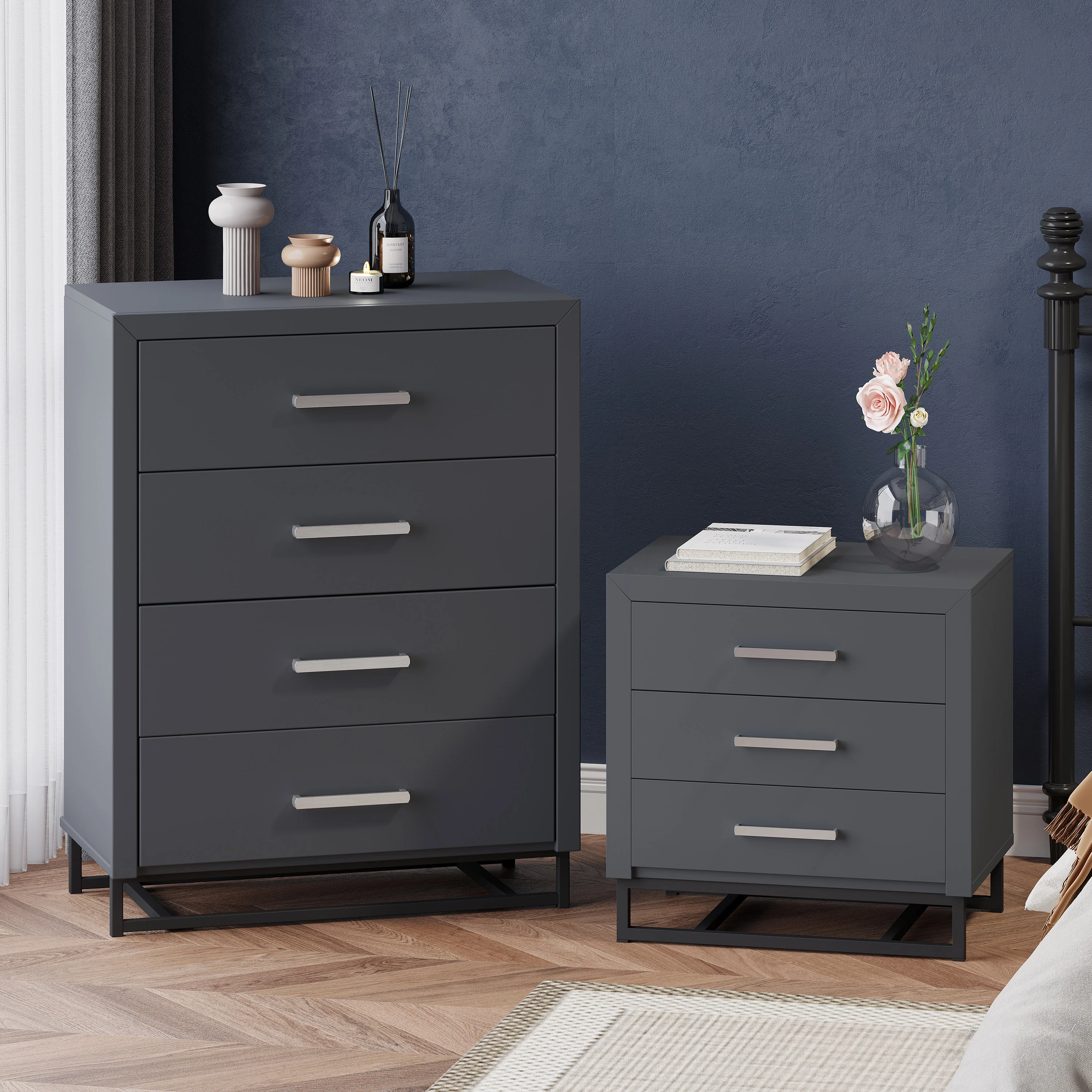 Borah Contemporary Faux Wood 2 Piece 4 Drawer Dresser and Nightstand Bedroom Set - furnishings