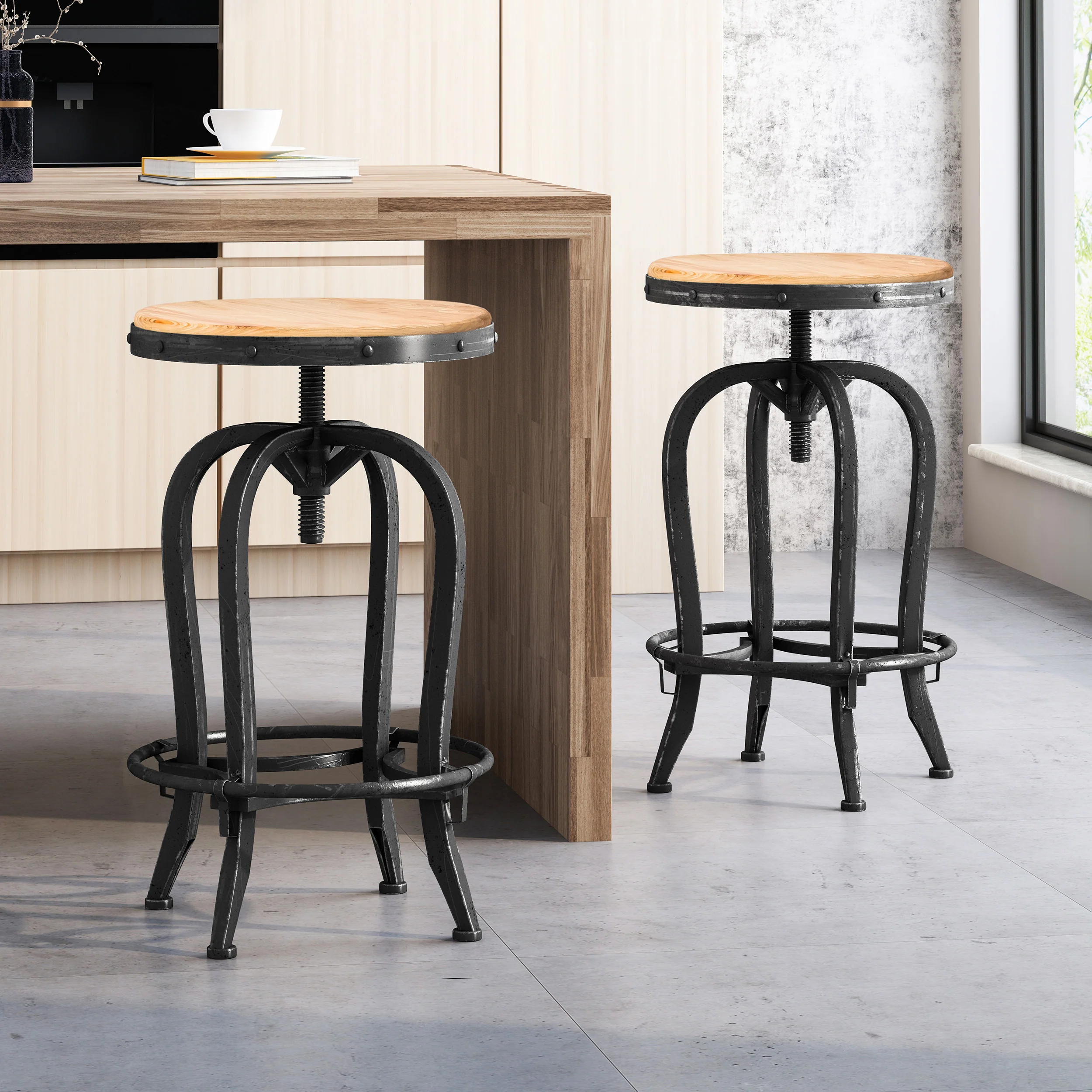 Cedarville Industrial Firwood Adjustable Height Swivel Barstools, Set of 2, Antique Natural and Pewter - furnishings