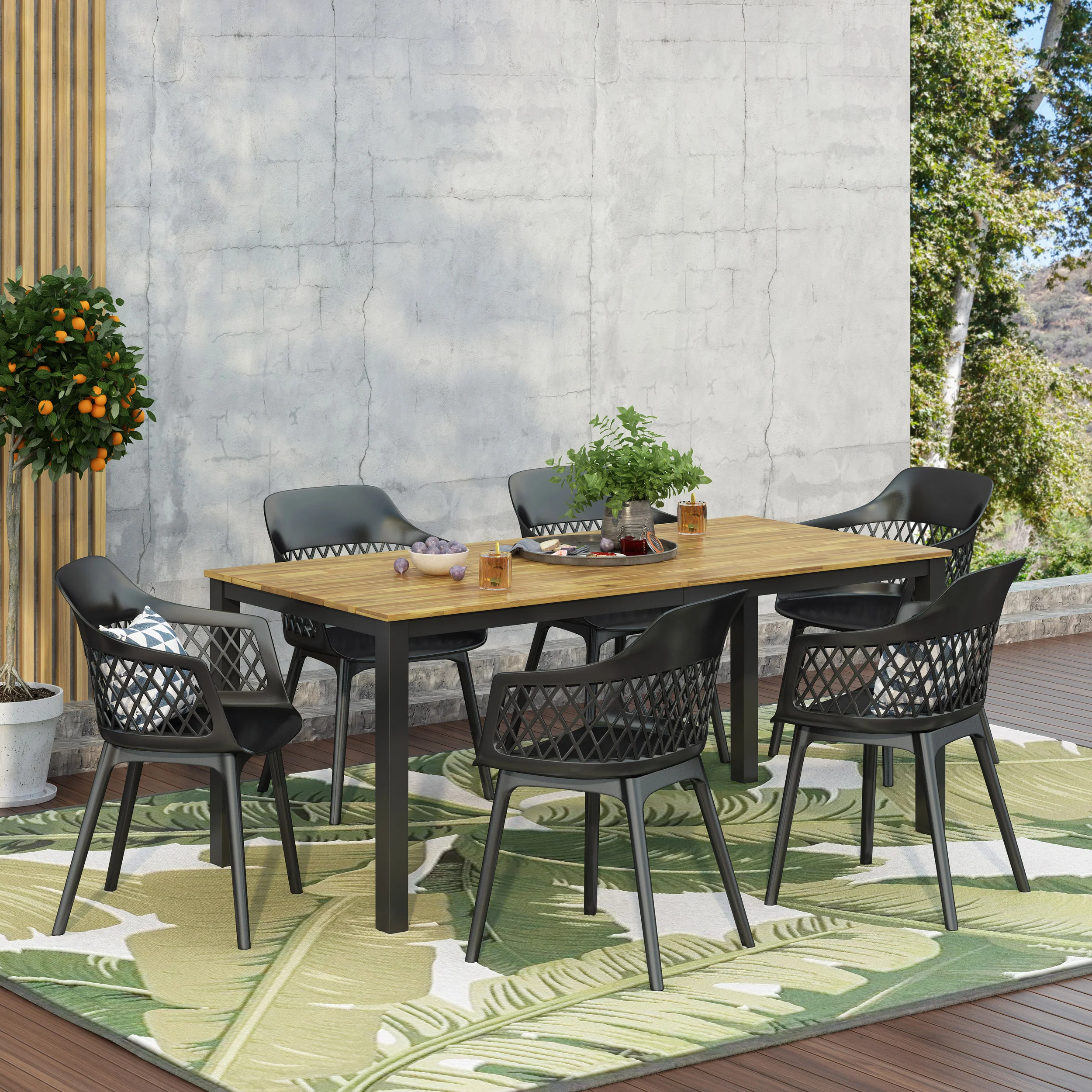 Tokota Outdoor Wood and Resin 7 Piece Dining Set, Black and Teak - furnishings