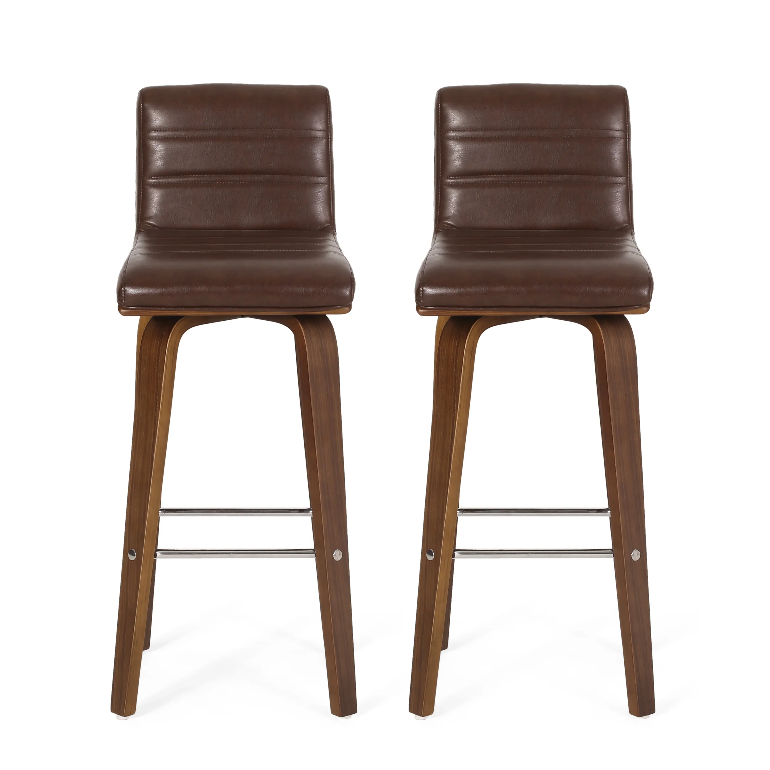 Mendon Mid Century Modern Channel Stitch Bentwood Swivel Barstools, Set of 2 - furnishings